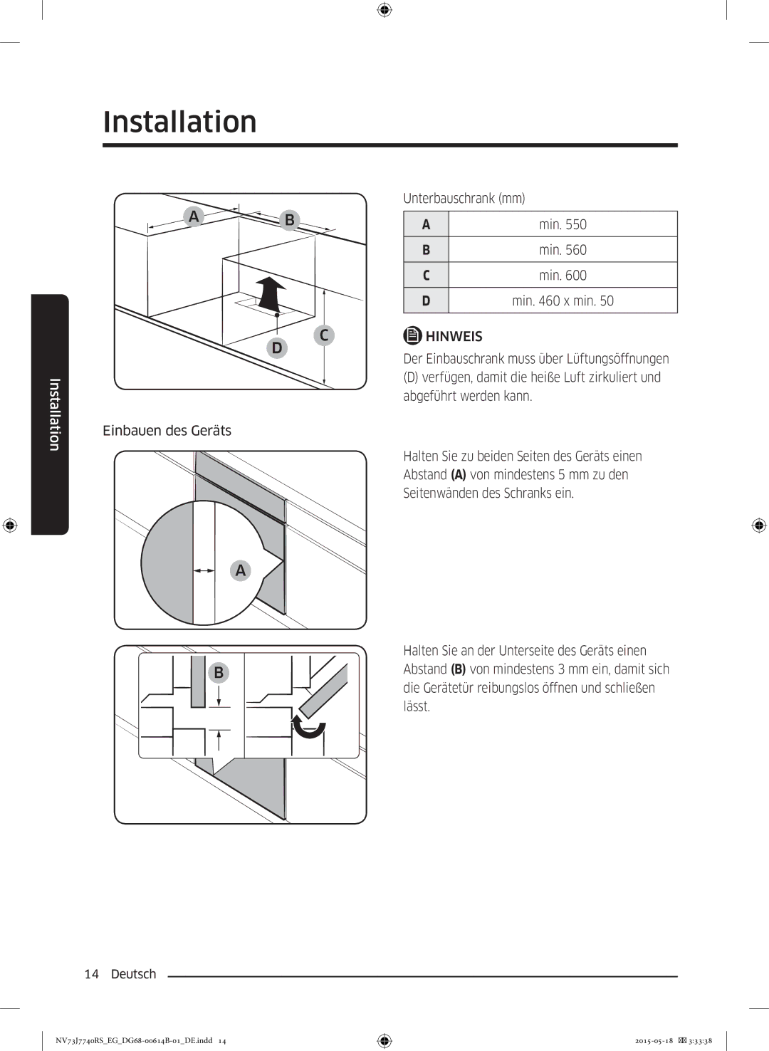 Samsung NV73J7740RS/EG manual Unterbauschrank mm, Verfügen, damit die heiße Luft zirkuliert und, Abgeführt werden kann 