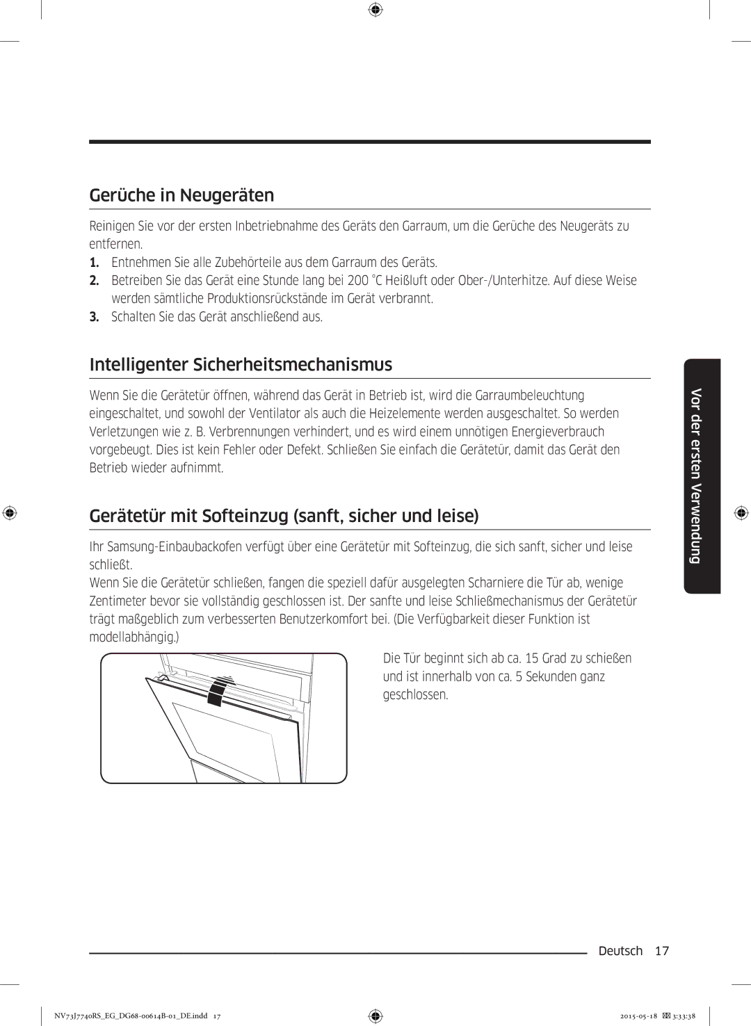 Samsung NV73J7740RS/EG manual Gerüche in Neugeräten, Intelligenter Sicherheitsmechanismus 