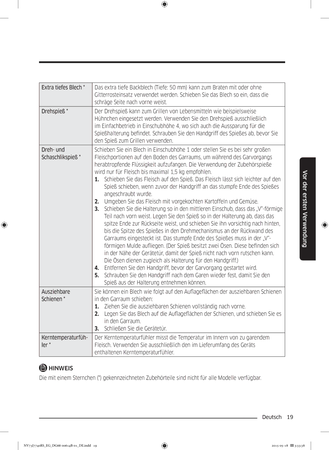 Samsung NV73J7740RS/EG manual Den Spieß zum Grillen verwenden, Dreh- und, Angeschraubt wurde, Ausziehbare, Den Garraum 