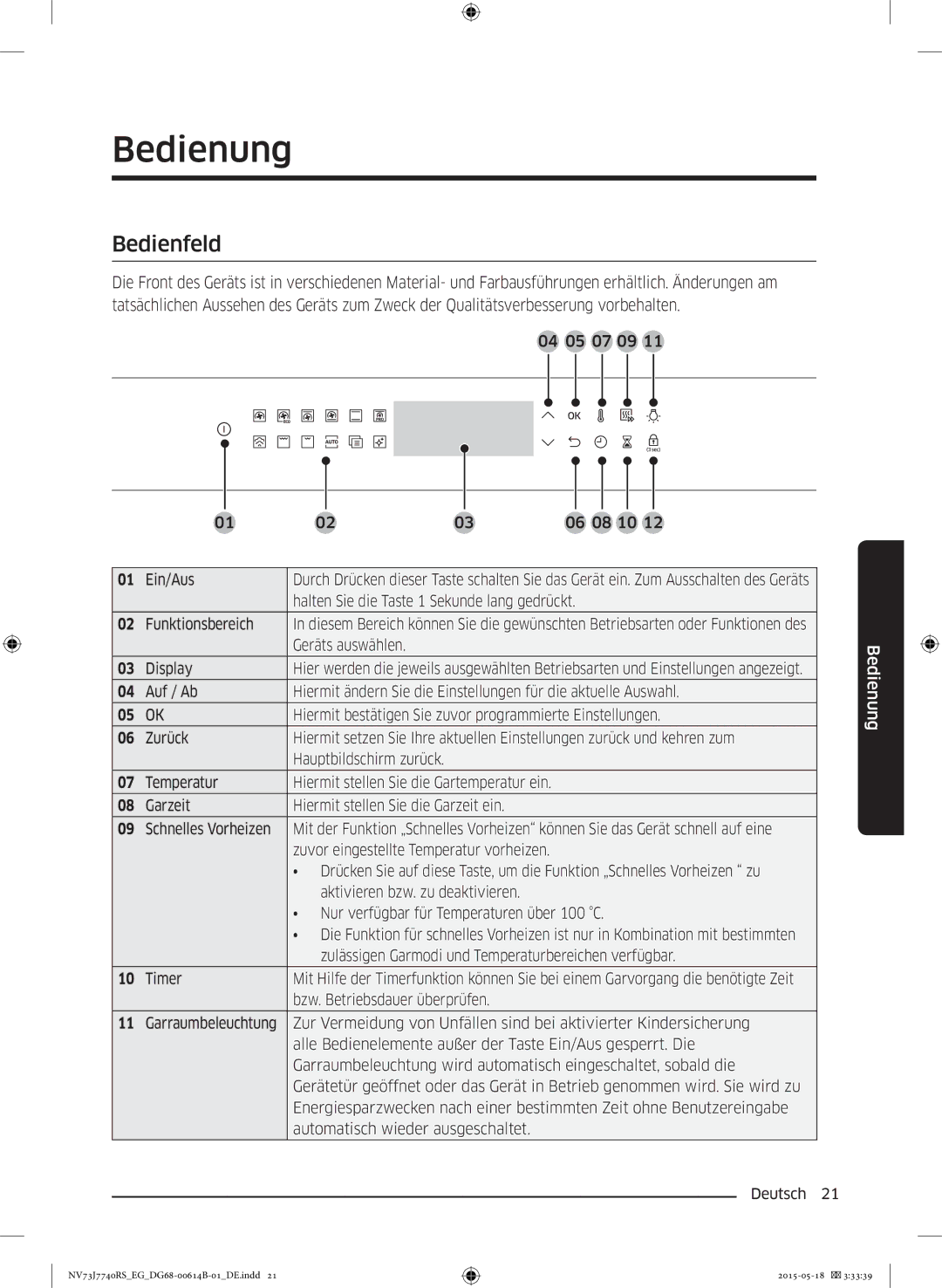 Samsung NV73J7740RS/EG manual Bedienung, Bedienfeld, 04 05 07 09 06 08 10 01 Ein/Aus, Bzw. Betriebsdauer überprüfen 