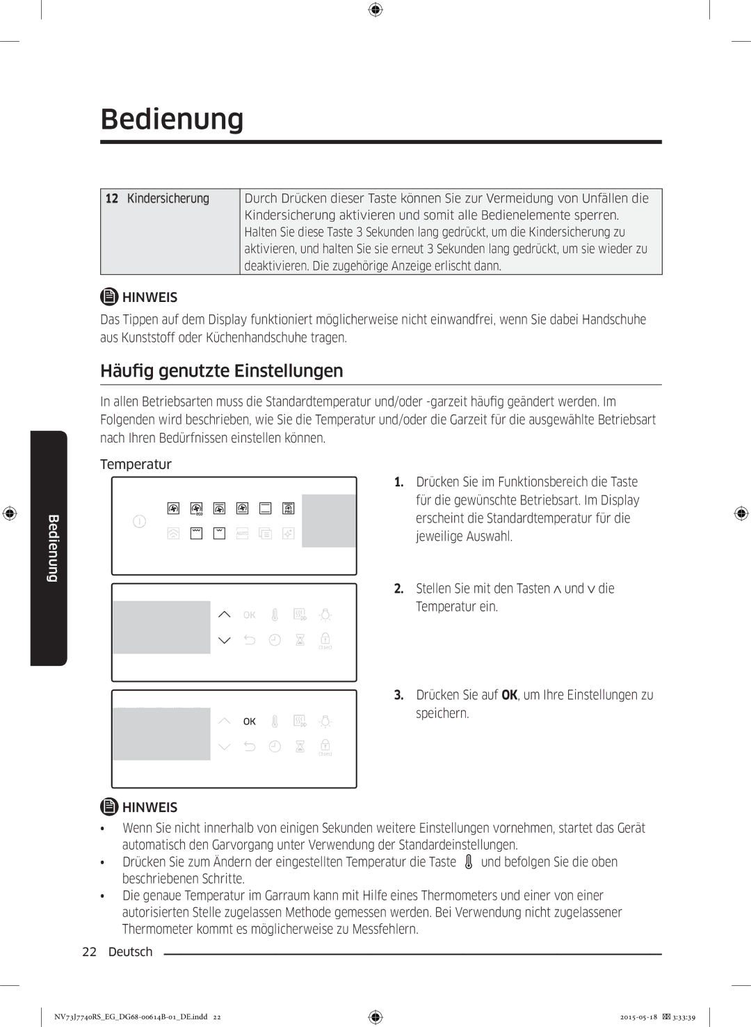 Samsung NV73J7740RS/EG manual Häufig genutzte Einstellungen 