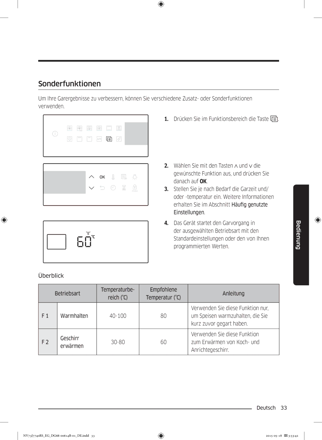 Samsung NV73J7740RS/EG manual Sonderfunktionen, Verwenden Sie diese Funktion nur 