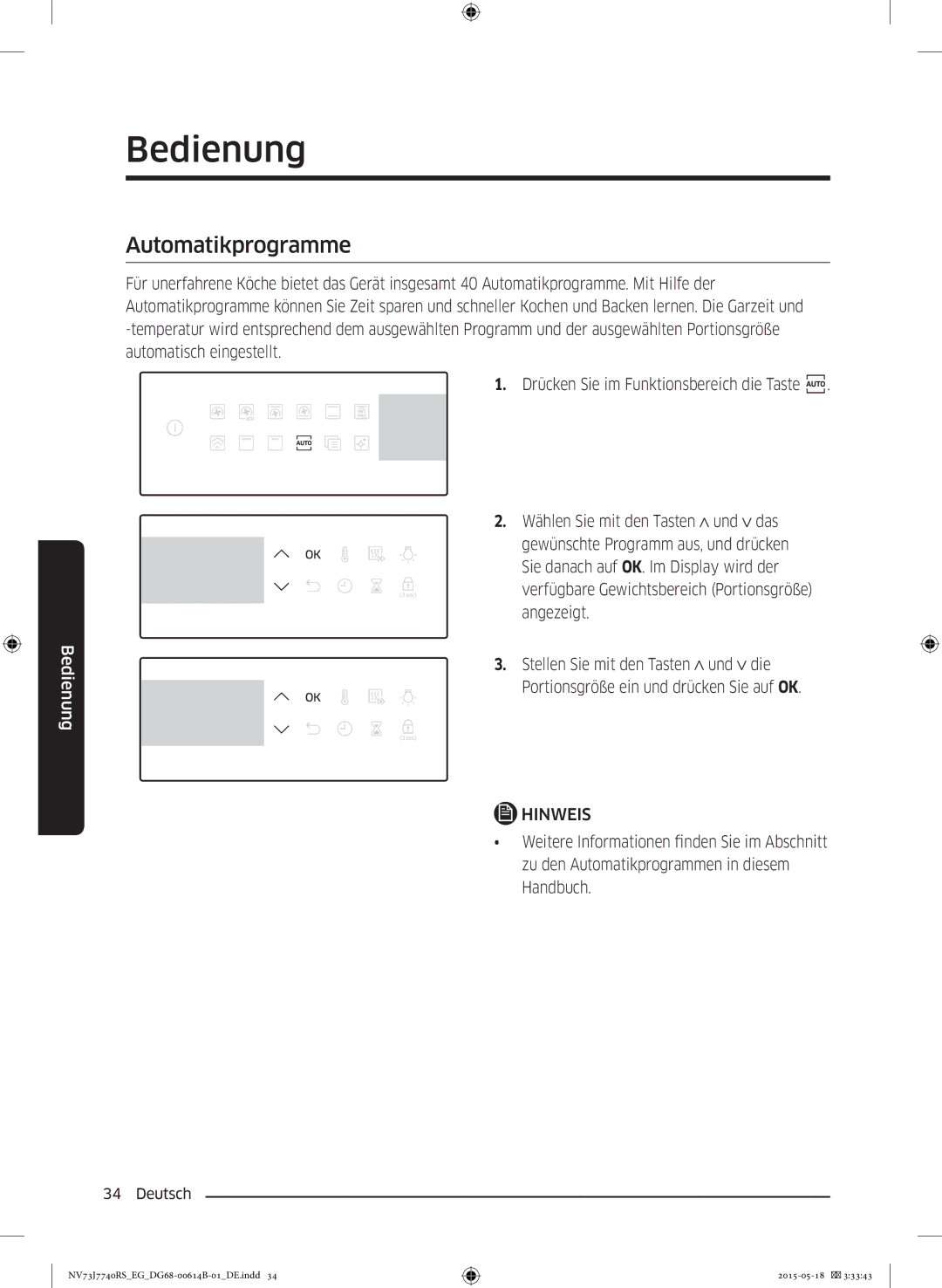 Samsung NV73J7740RS/EG manual Automatikprogramme 