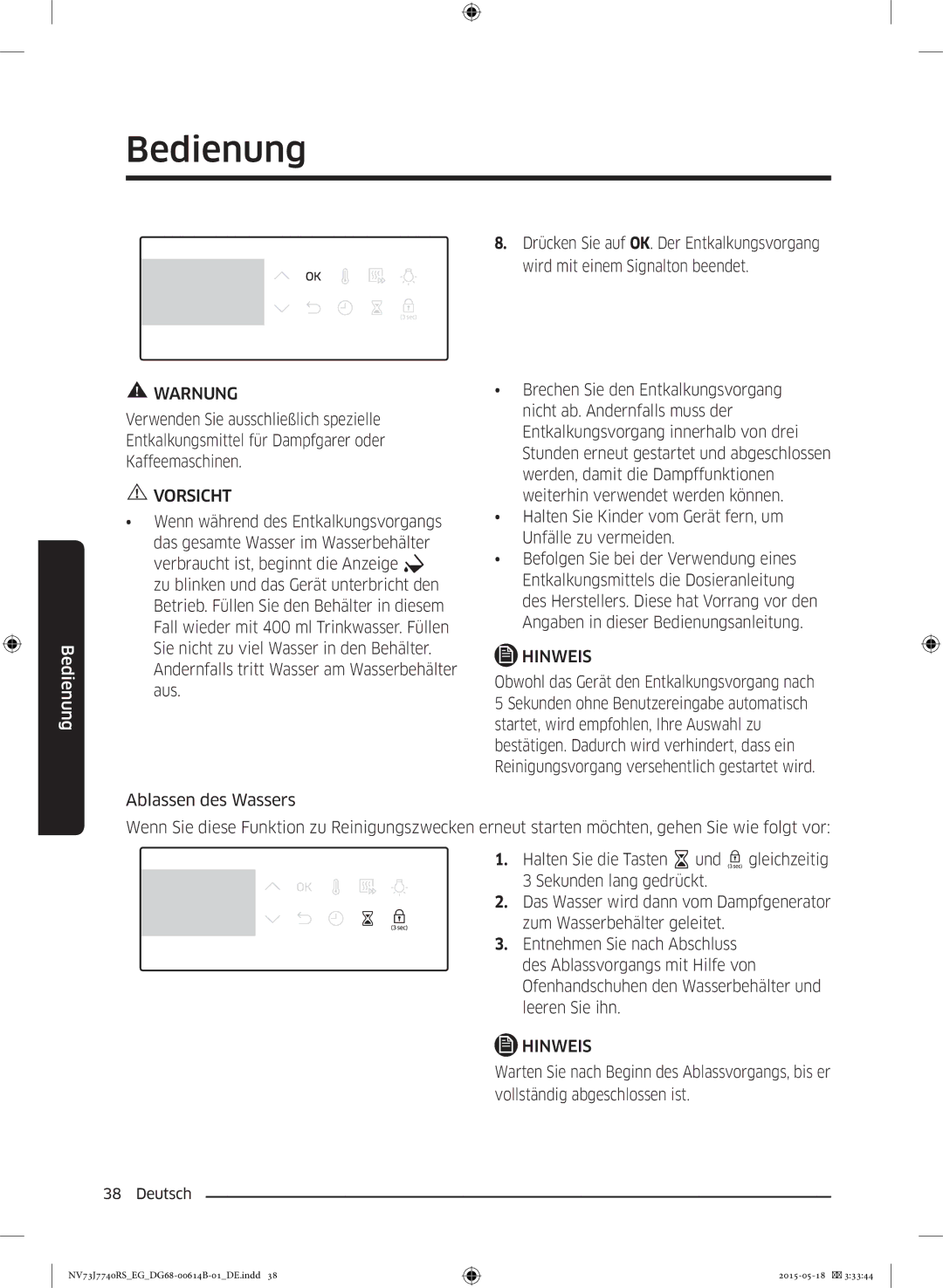 Samsung NV73J7740RS/EG manual Vorsicht 