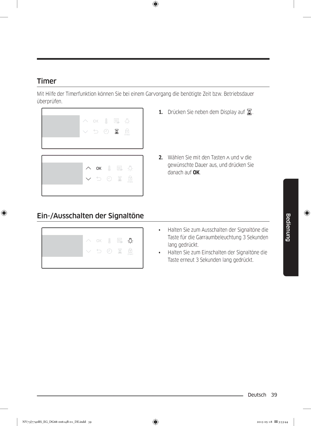 Samsung NV73J7740RS/EG manual Timer, Ein-/Ausschalten der Signaltöne 