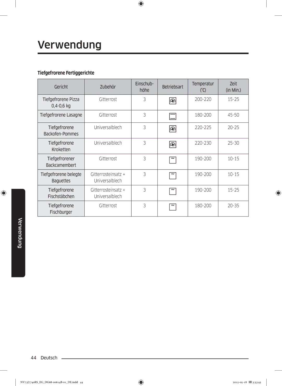 Samsung NV73J7740RS/EG manual Tiefgefrorene Fertiggerichte 