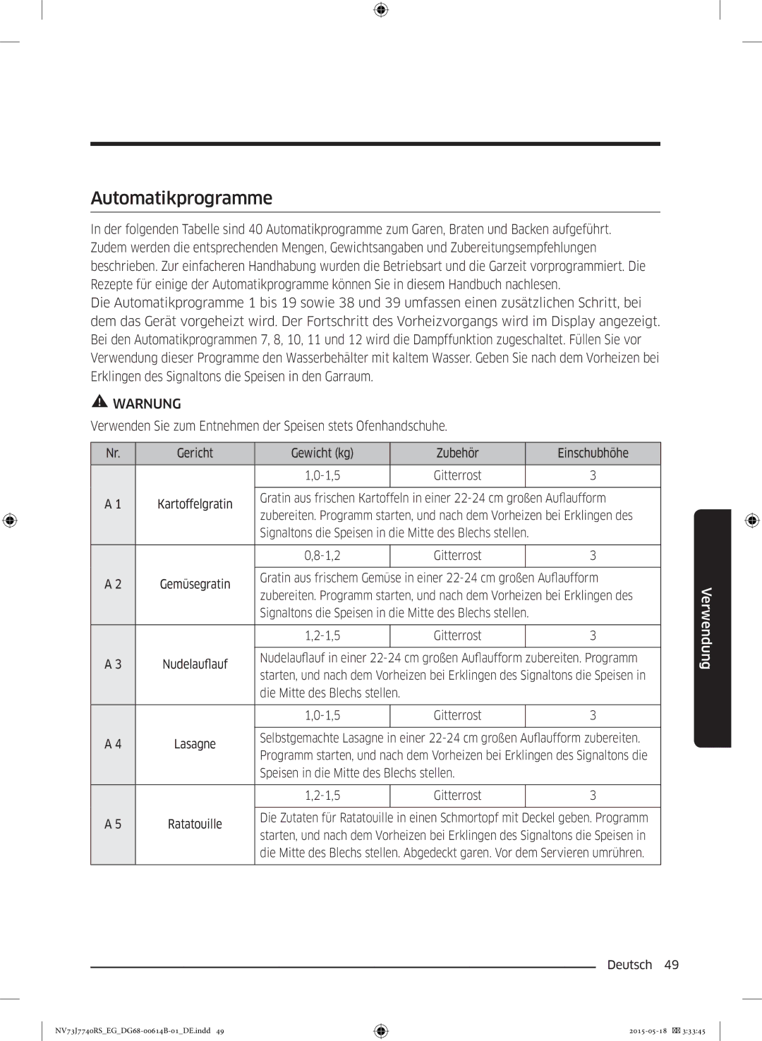 Samsung NV73J7740RS/EG manual 1,2, Die Mitte des Blechs stellen 1,5, Speisen in die Mitte des Blechs stellen 1,5 