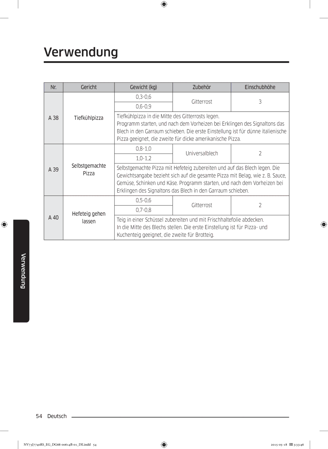 Samsung NV73J7740RS/EG manual Gericht Gewicht kg Zubehör Einschubhöhe 0,6, Tiefkühlpizza in die Mitte des Gitterrosts legen 