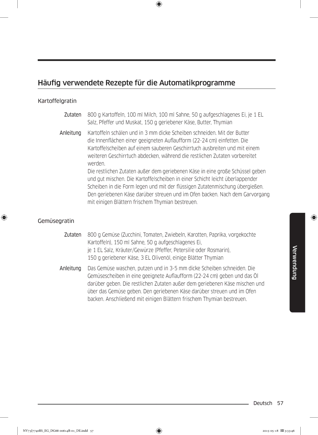 Samsung NV73J7740RS/EG manual Häufig verwendete Rezepte für die Automatikprogramme 