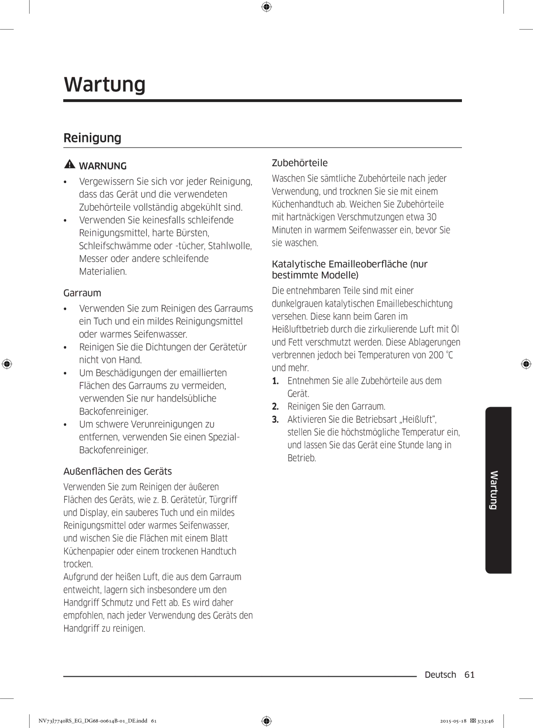 Samsung NV73J7740RS/EG manual Wartung, Reinigung 