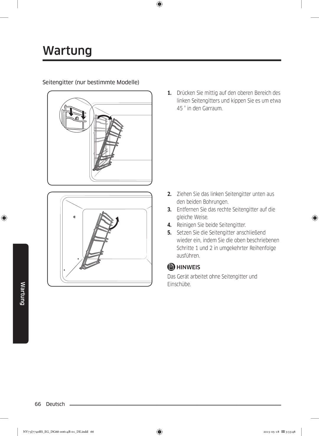 Samsung NV73J7740RS/EG manual Seitengitter nur bestimmte Modelle, Das Gerät arbeitet ohne Seitengitter und Einschübe 