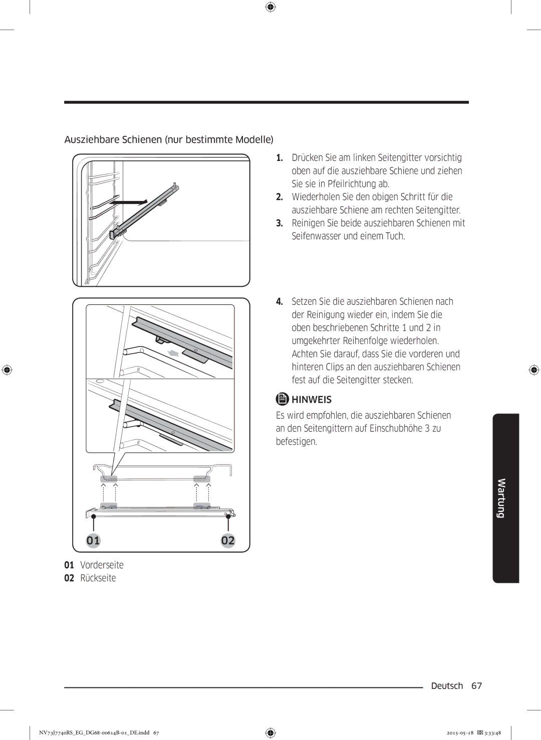 Samsung NV73J7740RS/EG manual Ausziehbare Schienen nur bestimmte Modelle, Vorderseite 02 Rückseite 