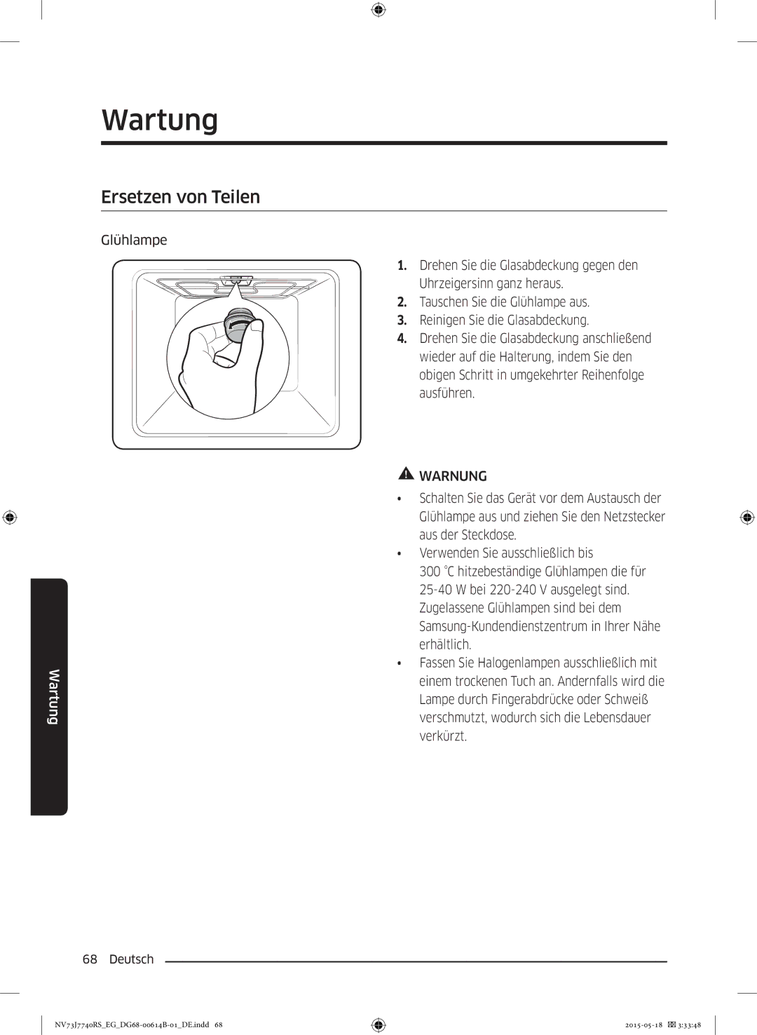 Samsung NV73J7740RS/EG manual Ersetzen von Teilen, Glühlampe 