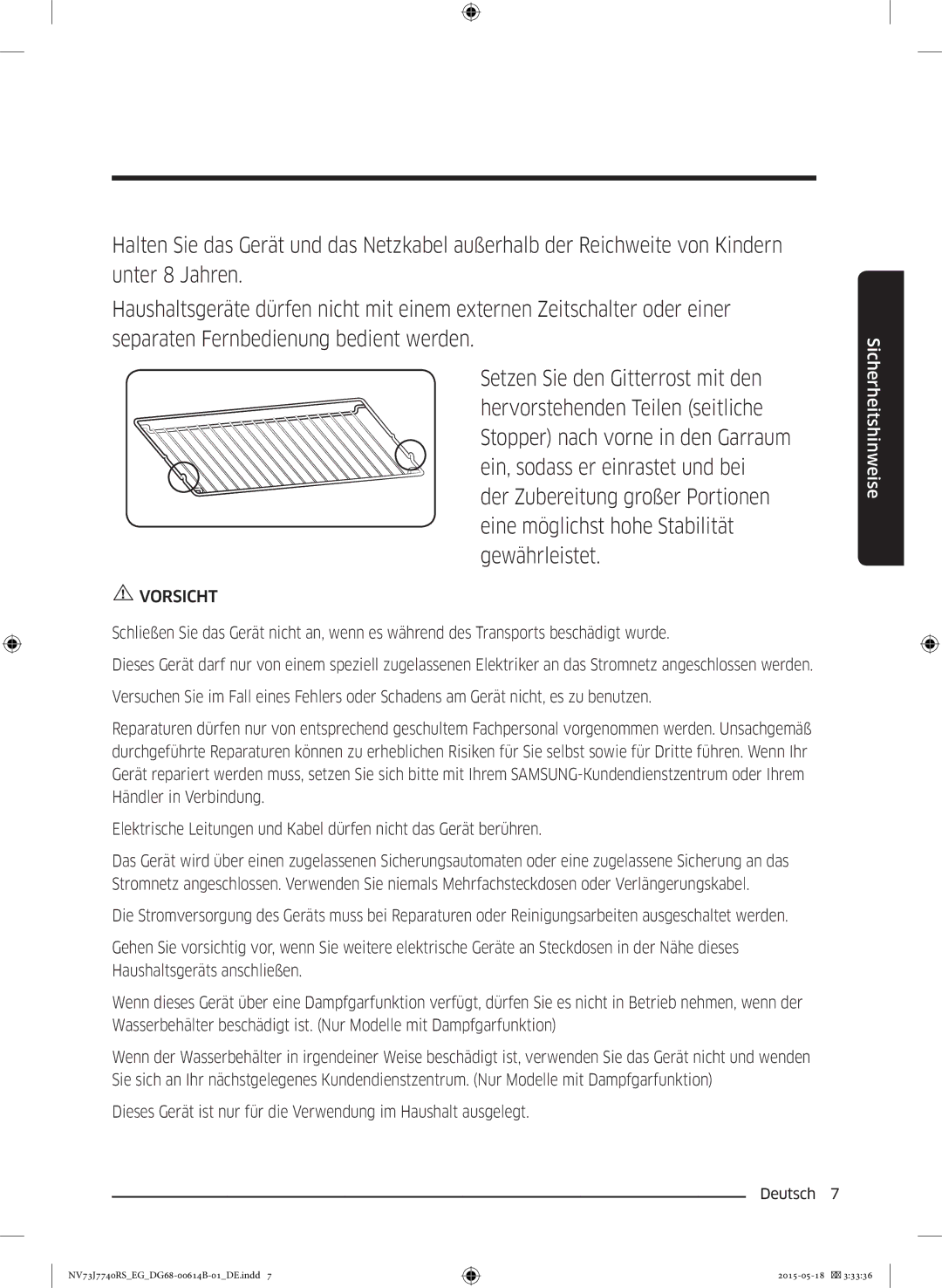 Samsung NV73J7740RS/EG manual Vorsicht 