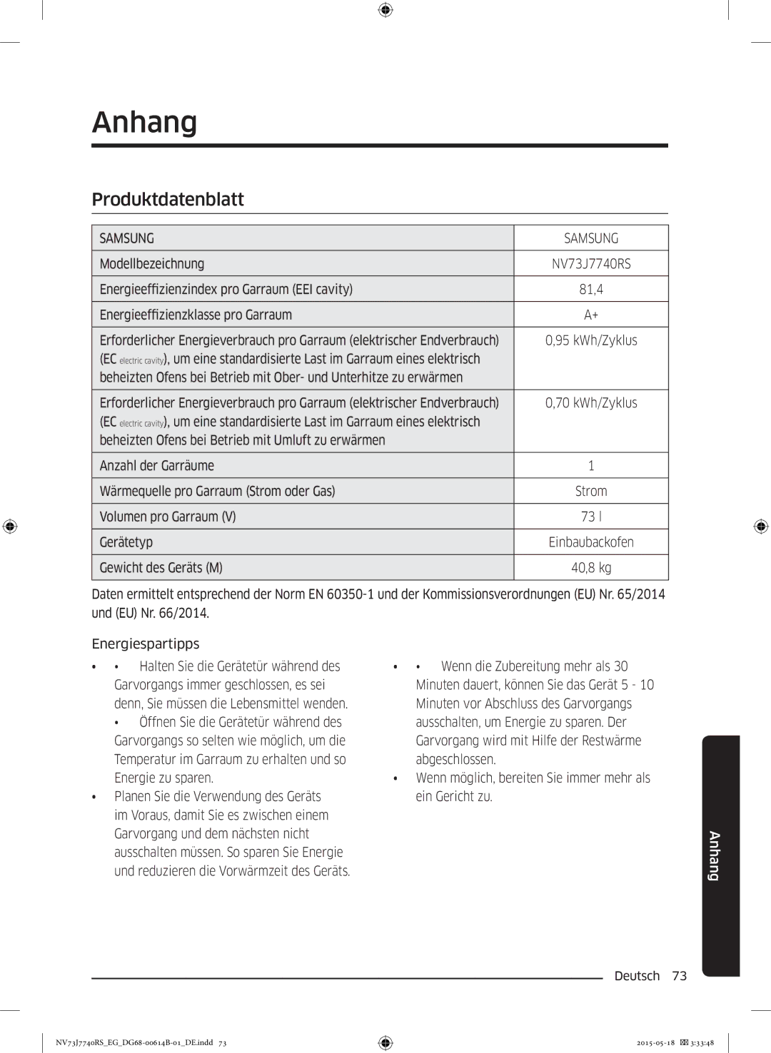 Samsung NV73J7740RS/EG manual Anhang, Produktdatenblatt 