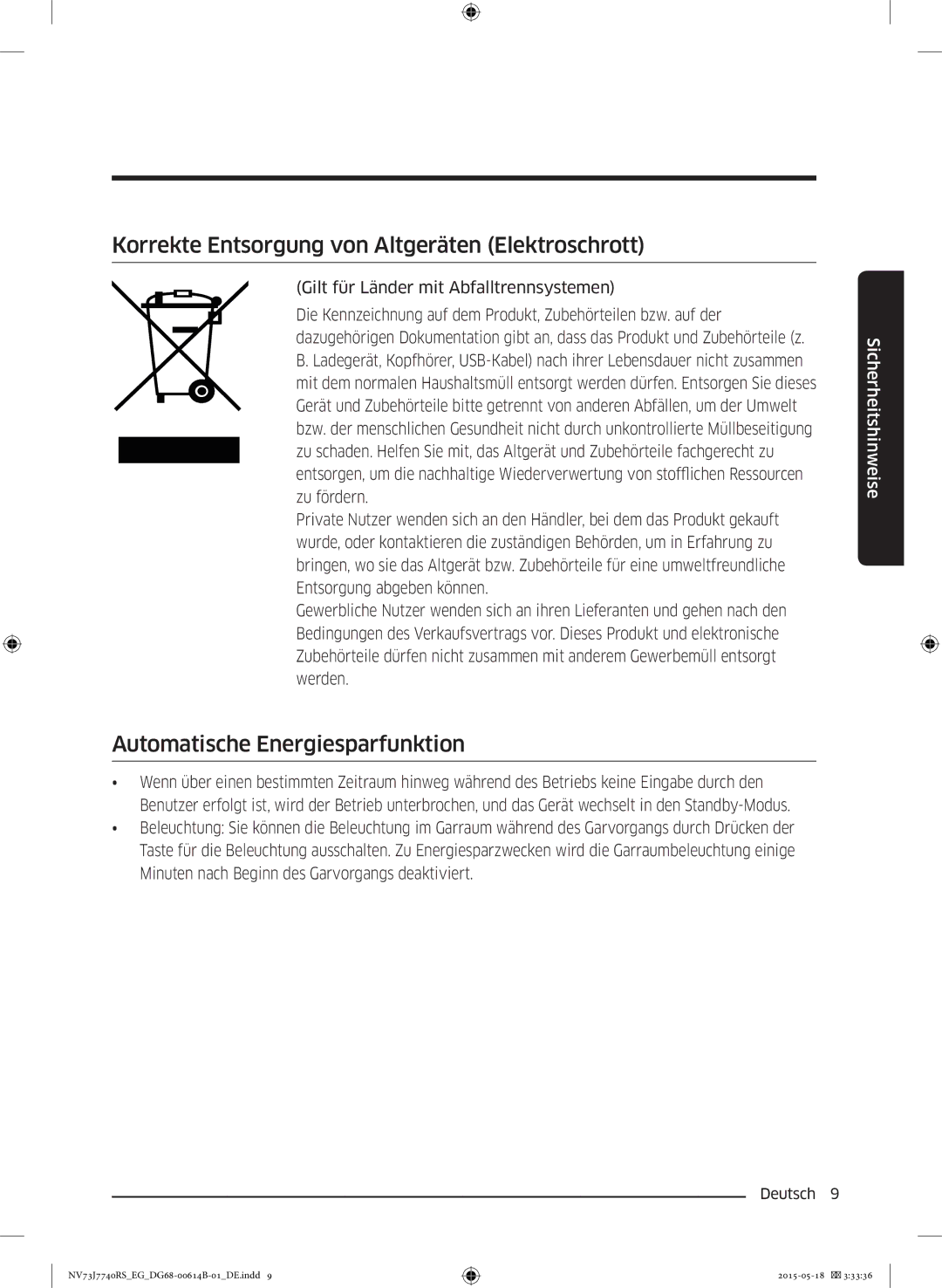 Samsung NV73J7740RS/EG manual Korrekte Entsorgung von Altgeräten Elektroschrott, Automatische Energiesparfunktion 