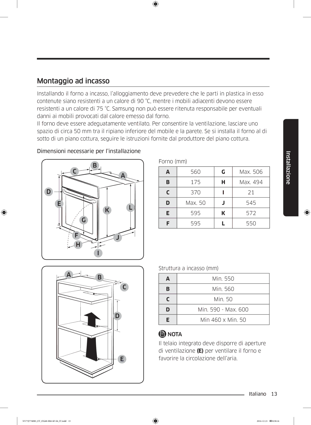 Samsung NV73J7740RS/ET manual Montaggio ad incasso, Max 175 370 545 595 572 550, Min 