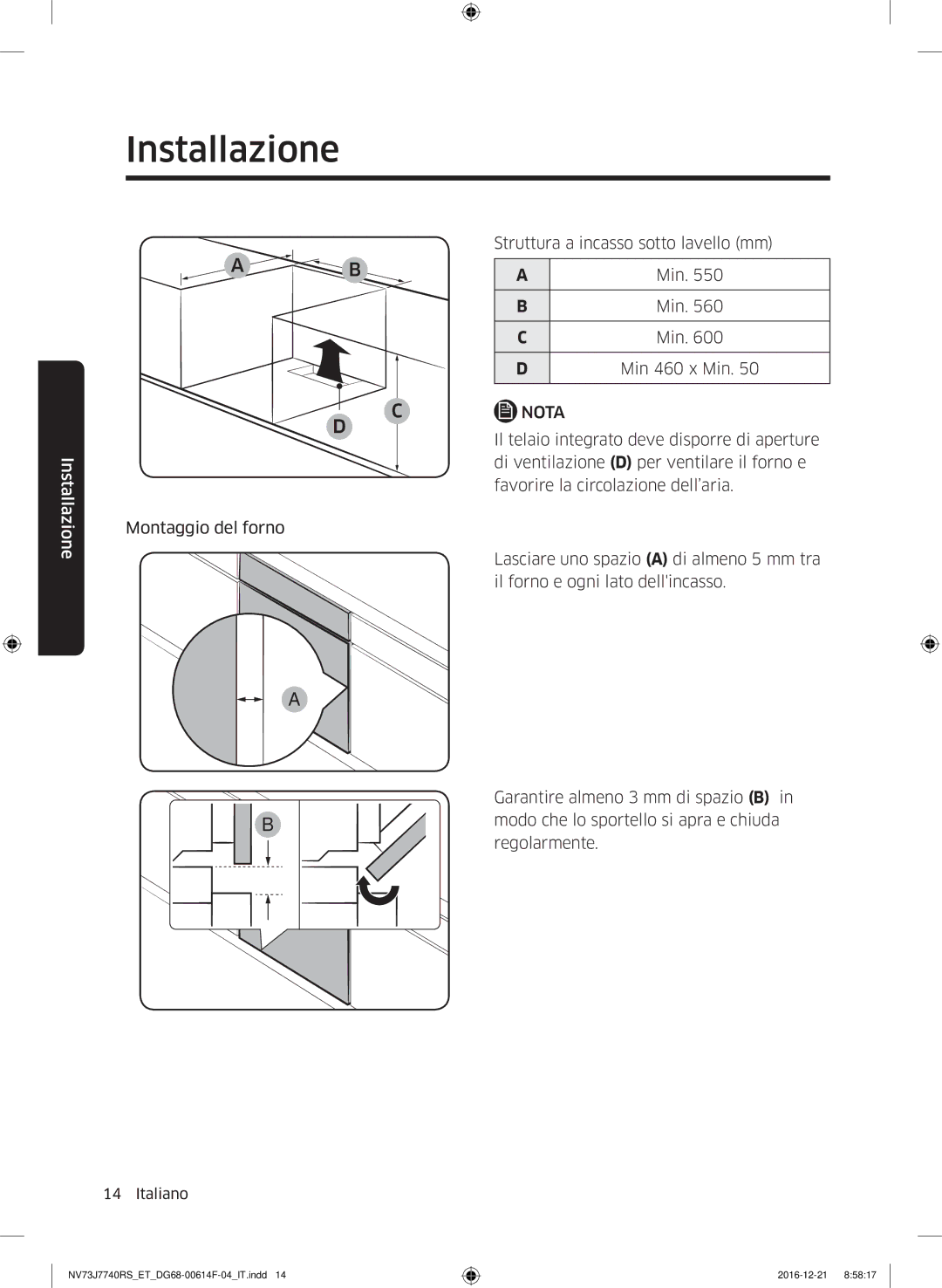 Samsung NV73J7740RS/ET manual Struttura a incasso sotto lavello mm 