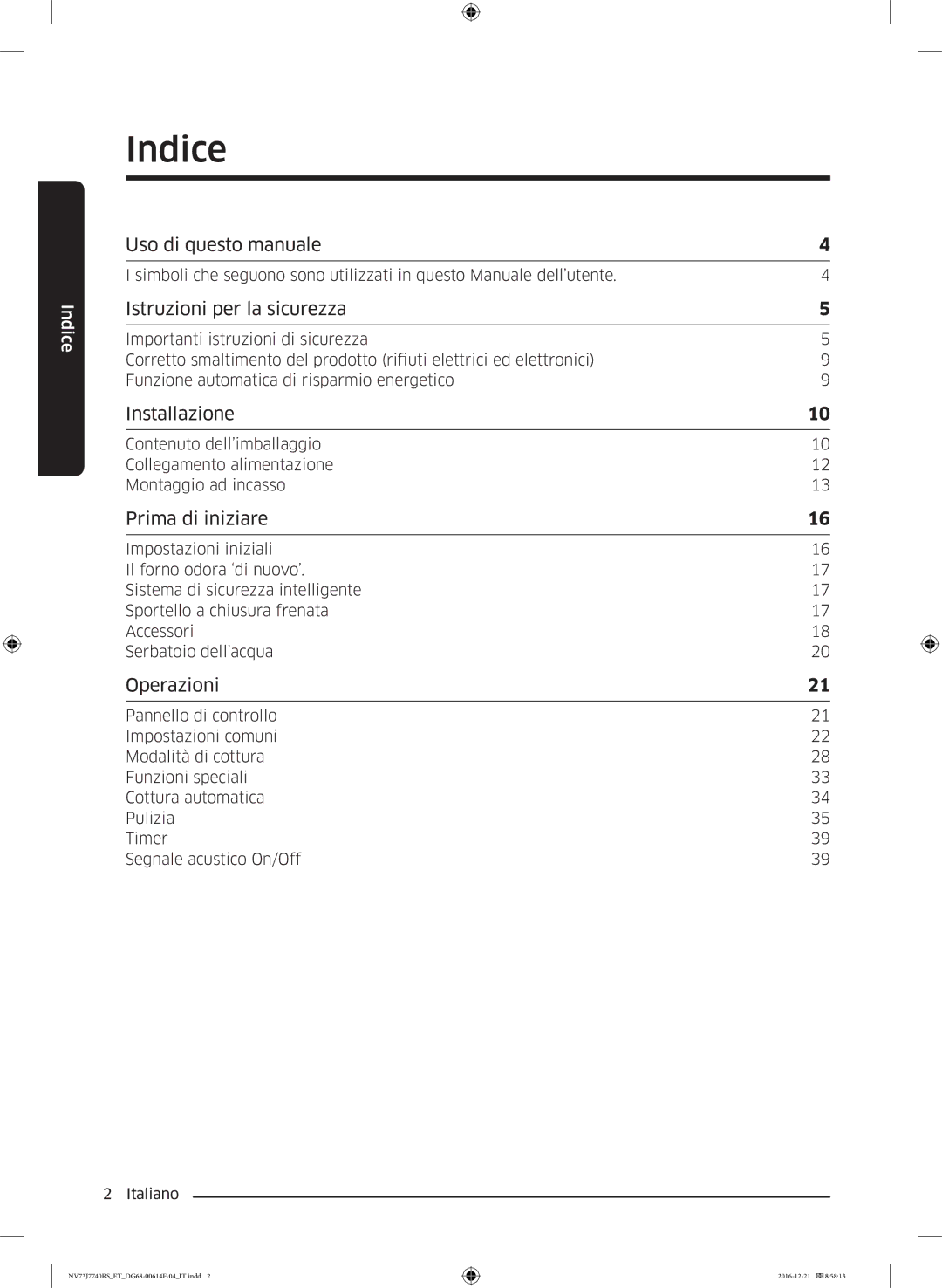 Samsung NV73J7740RS/ET manual Indice, Istruzioni per la sicurezza 