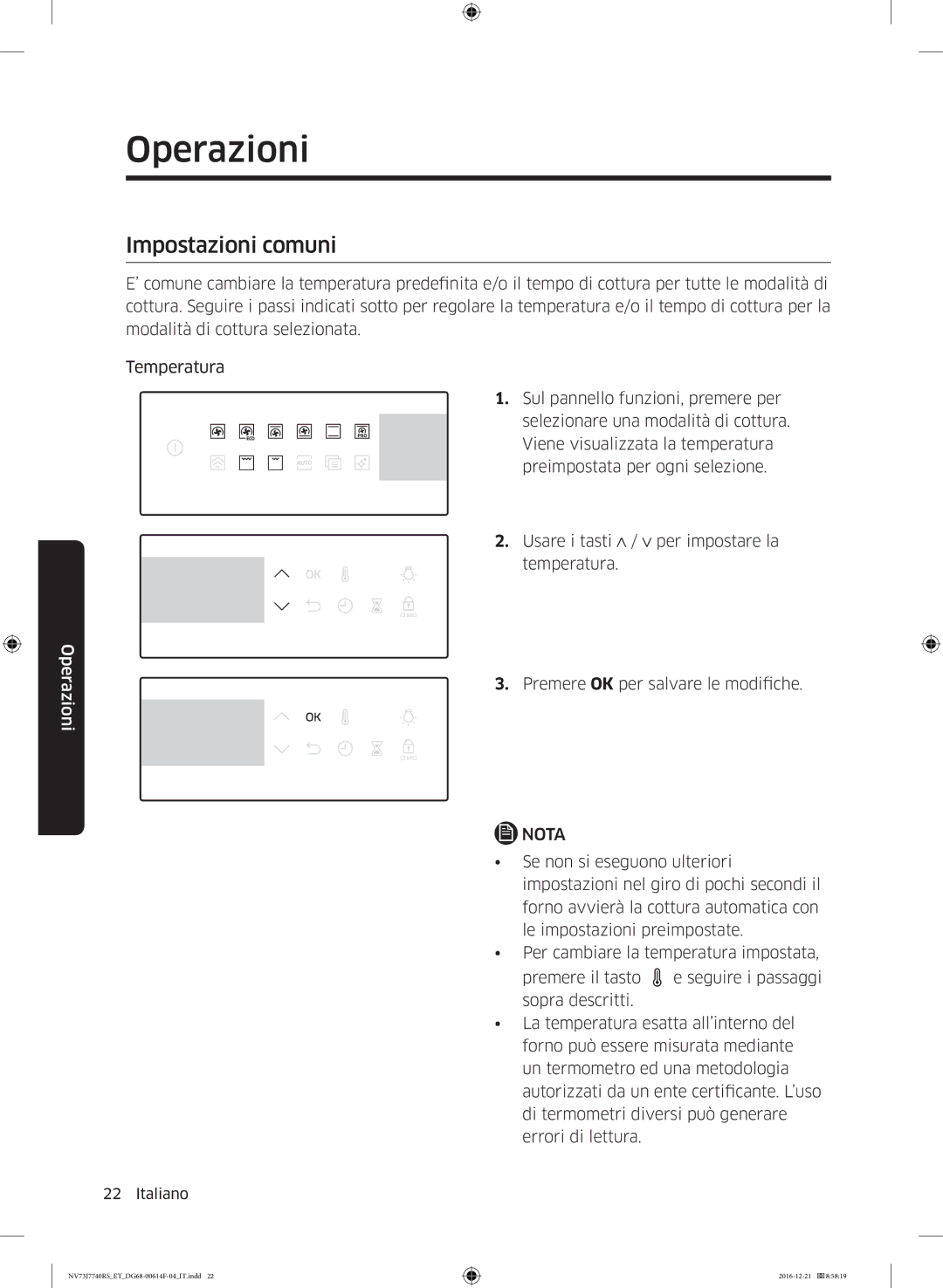 Samsung NV73J7740RS/ET manual Impostazioni comuni 