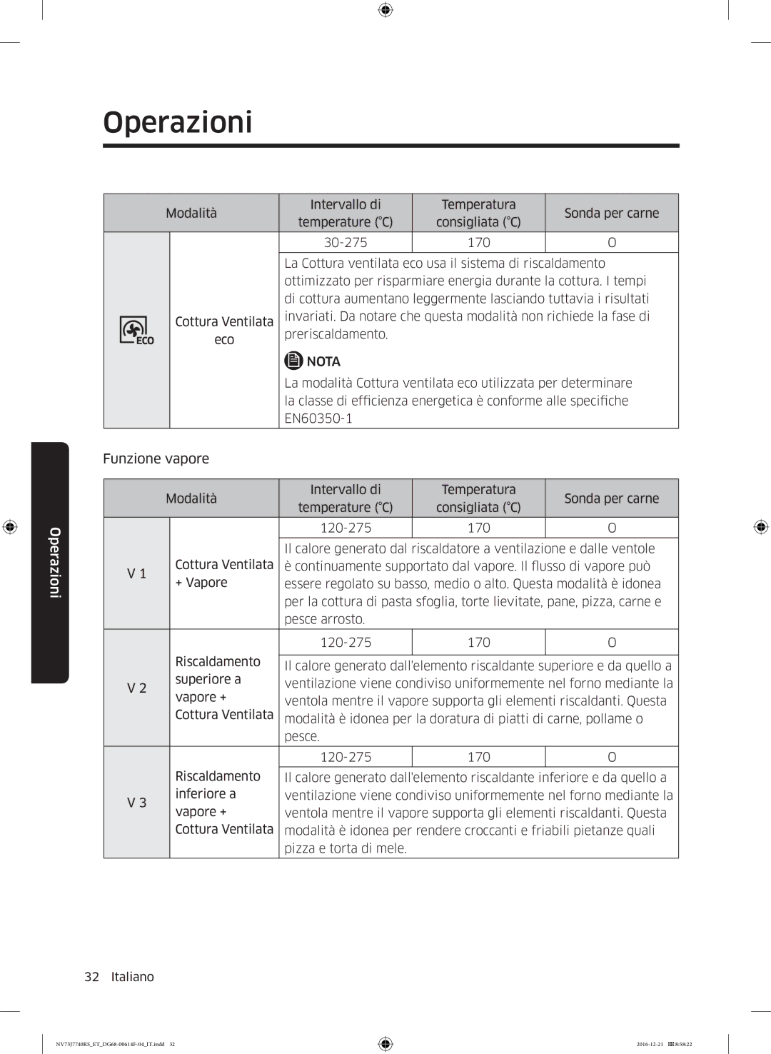 Samsung NV73J7740RS/ET manual La modalità Cottura ventilata eco utilizzata per determinare 