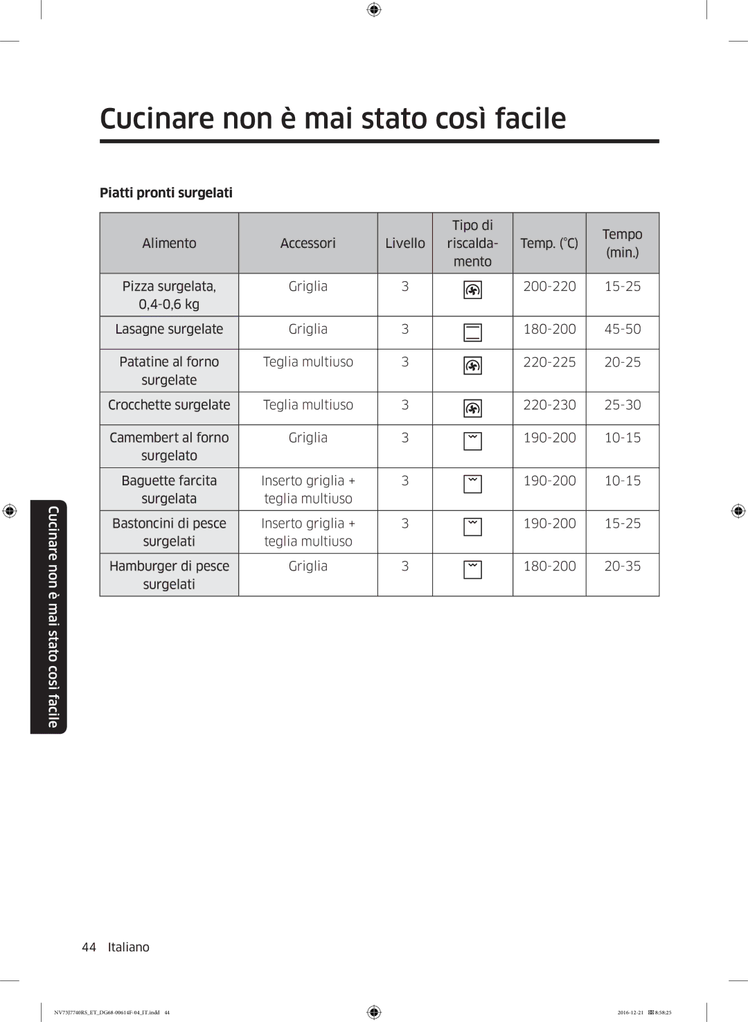 Samsung NV73J7740RS/ET manual Piatti pronti surgelati 