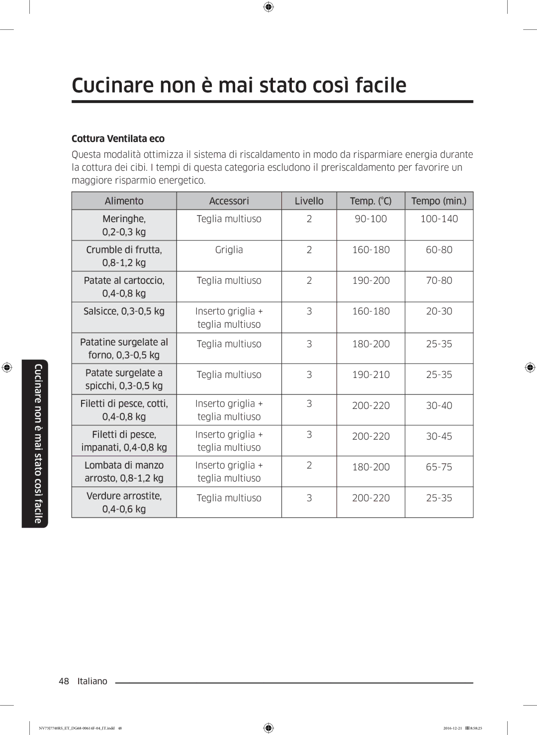 Samsung NV73J7740RS/ET manual Cottura Ventilata eco 