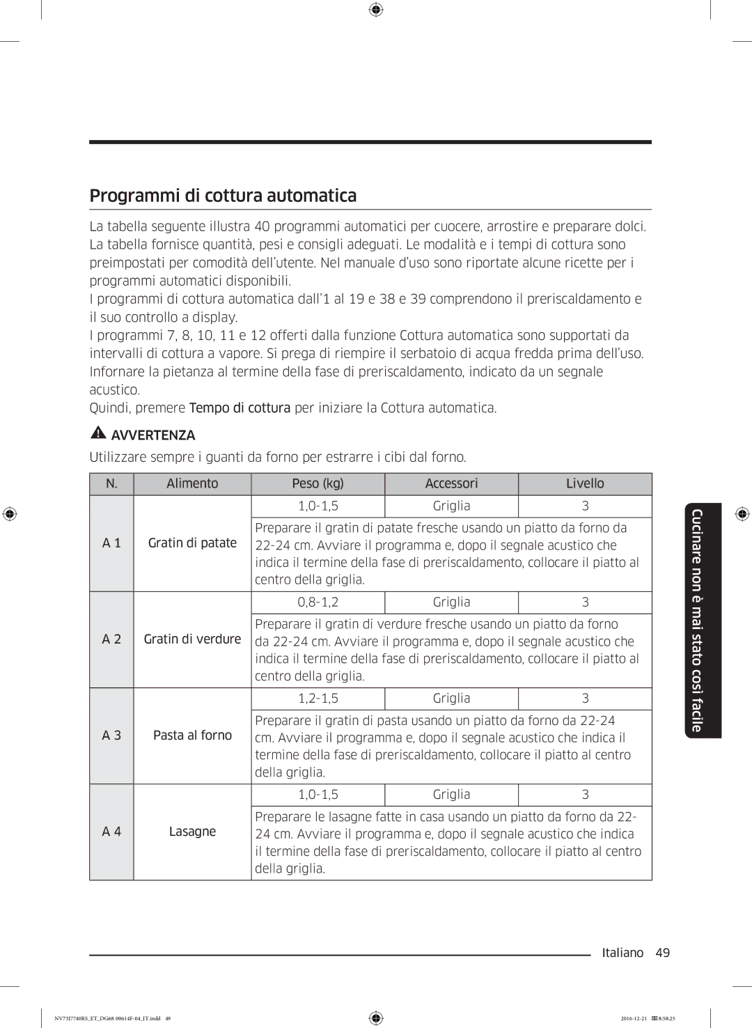 Samsung NV73J7740RS/ET manual Programmi di cottura automatica 