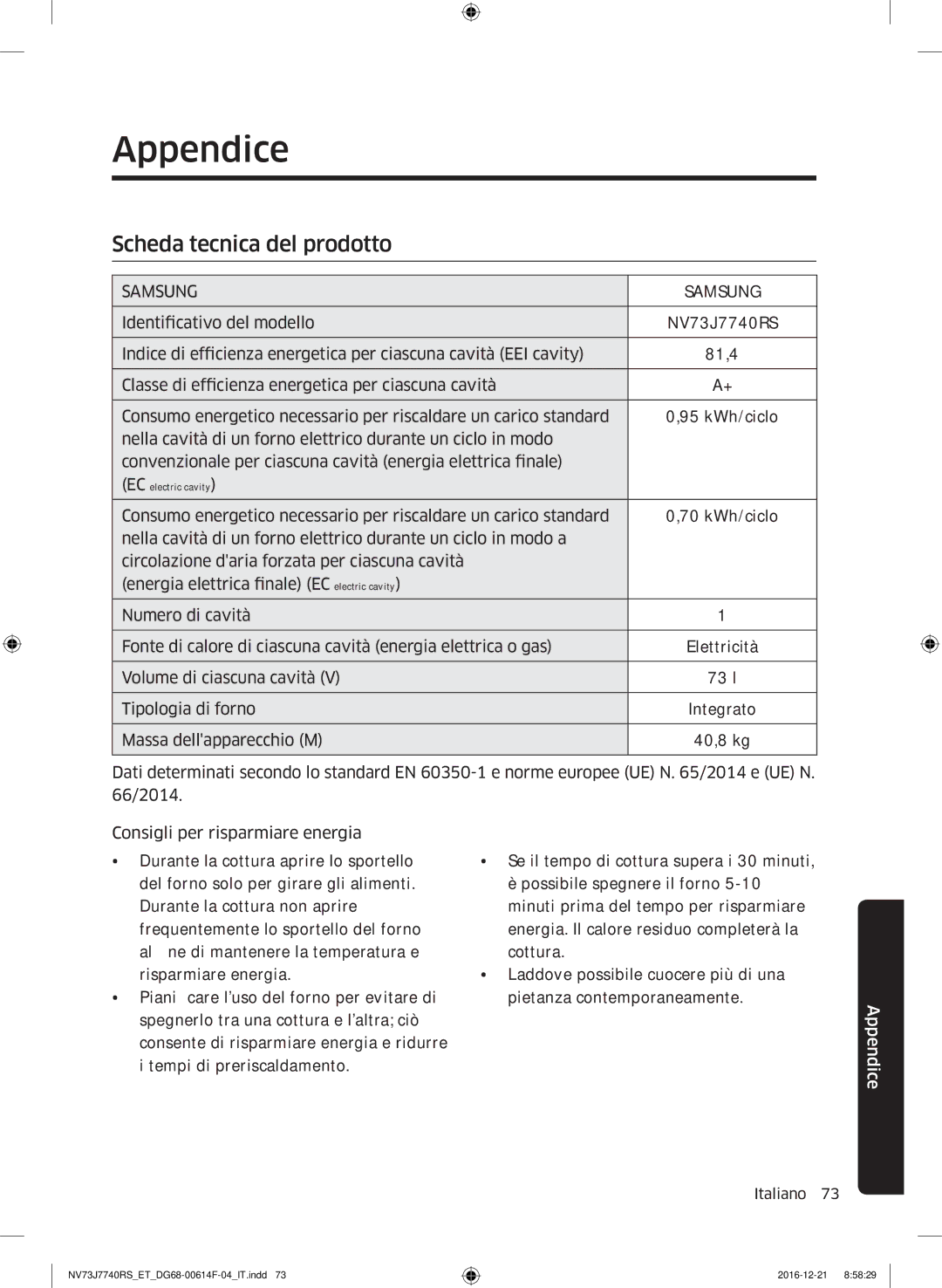 Samsung NV73J7740RS/ET manual Appendice, Scheda tecnica del prodotto 