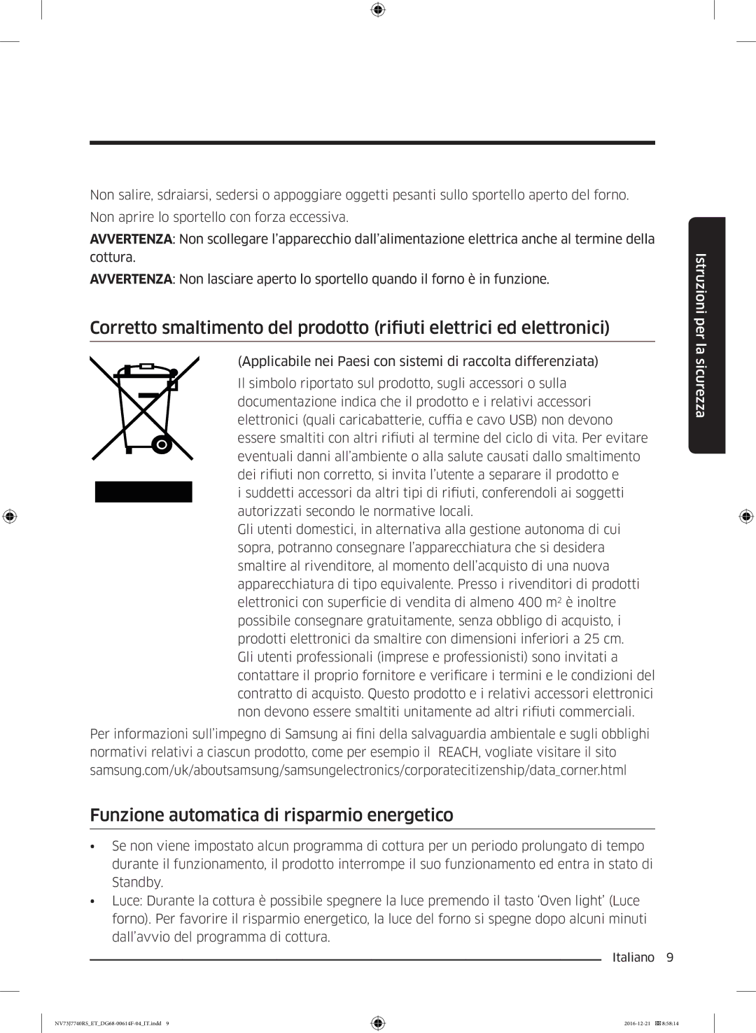 Samsung NV73J7740RS/ET manual Funzione automatica di risparmio energetico 