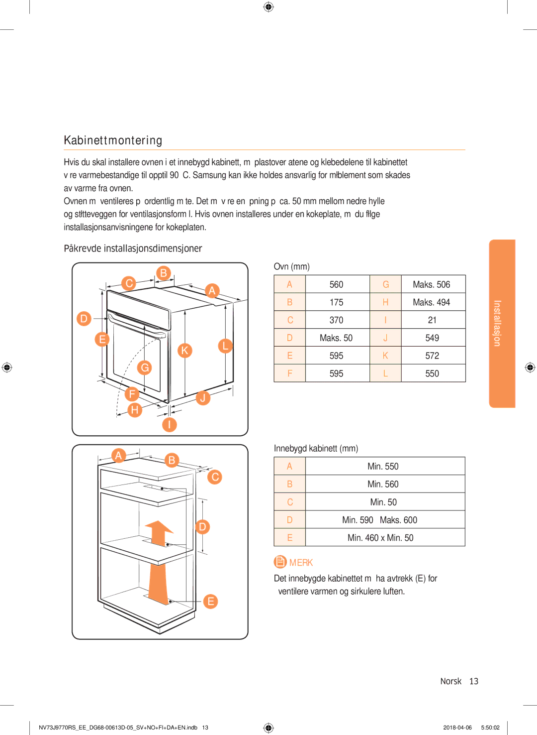 Samsung NV73J9770RS/EE manual Kabinettmontering 