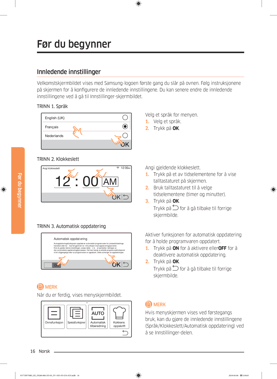 Samsung NV73J9770RS/EE manual Før du begynner, Innledende innstillinger 