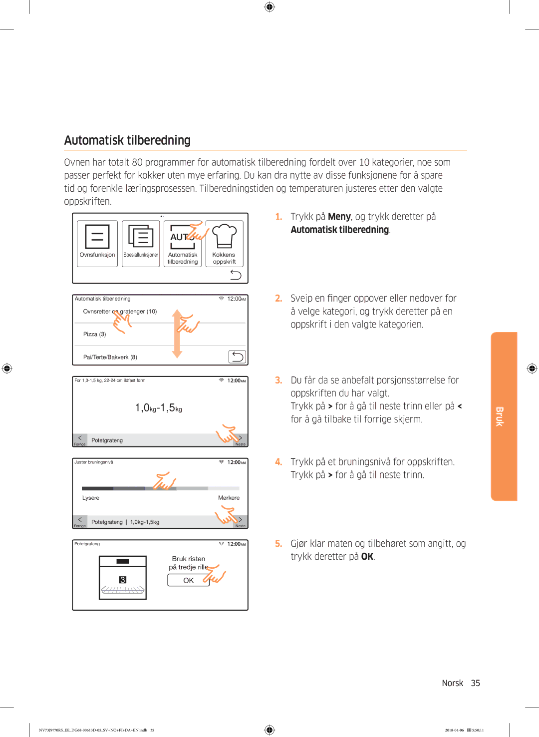 Samsung NV73J9770RS/EE manual Automatisk tilberedning 