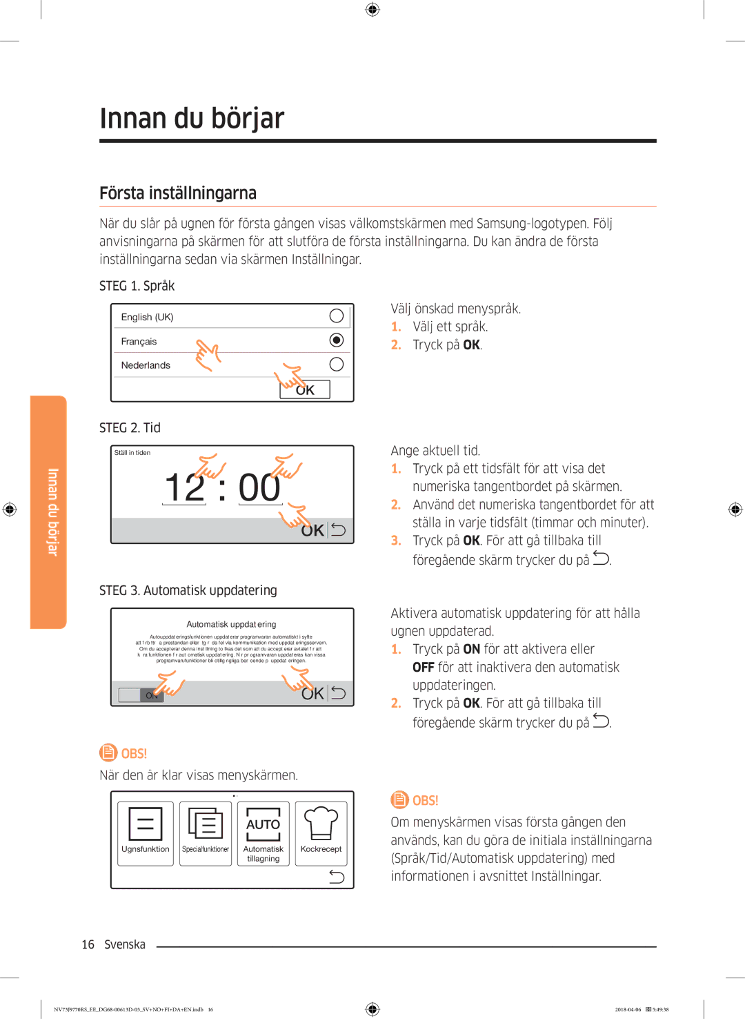 Samsung NV73J9770RS/EE manual Innan du börjar, Första inställningarna 