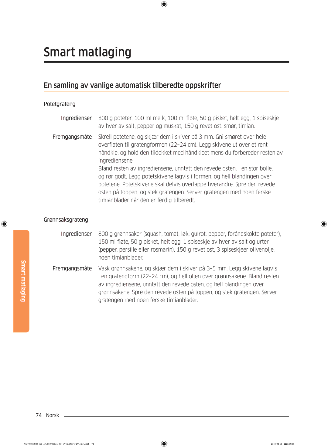 Samsung NV73J9770RS/EE manual En samling av vanlige automatisk tilberedte oppskrifter 