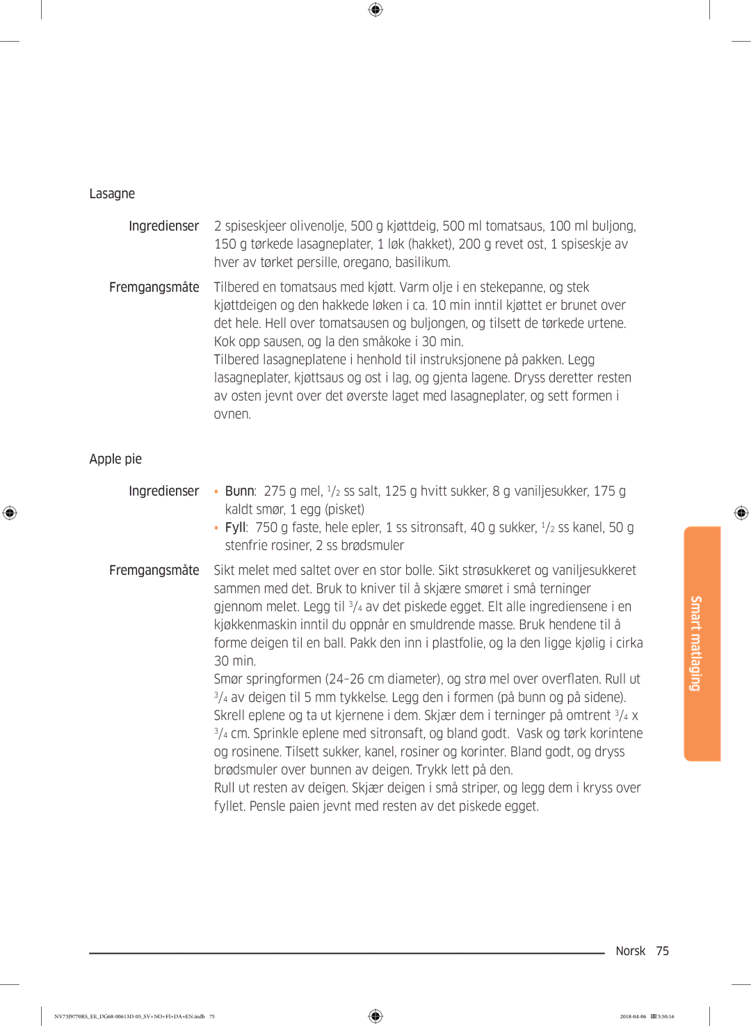 Samsung NV73J9770RS/EE manual Smart matlaging 