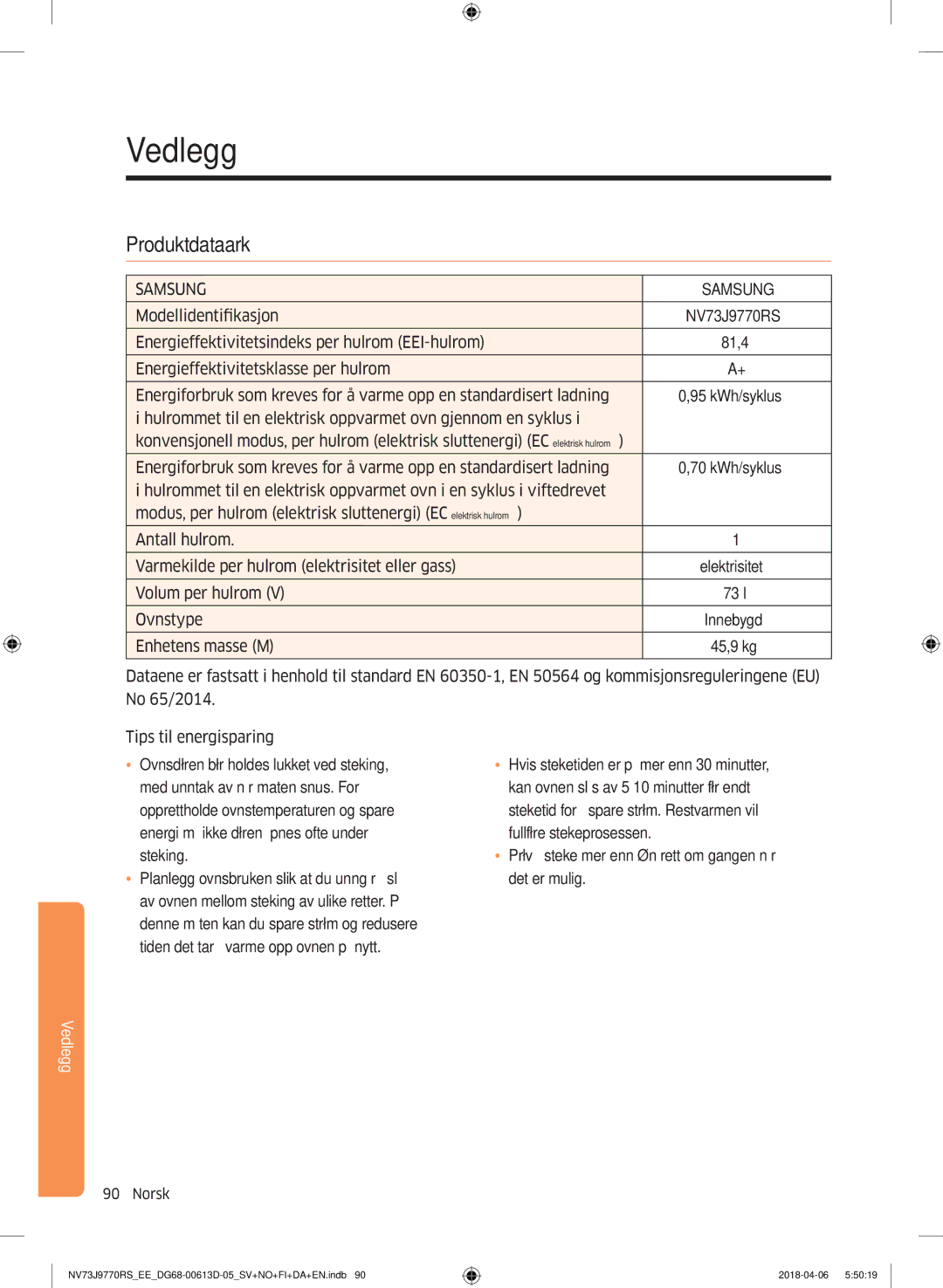 Samsung NV73J9770RS/EE manual Vedlegg, Produktdataark 