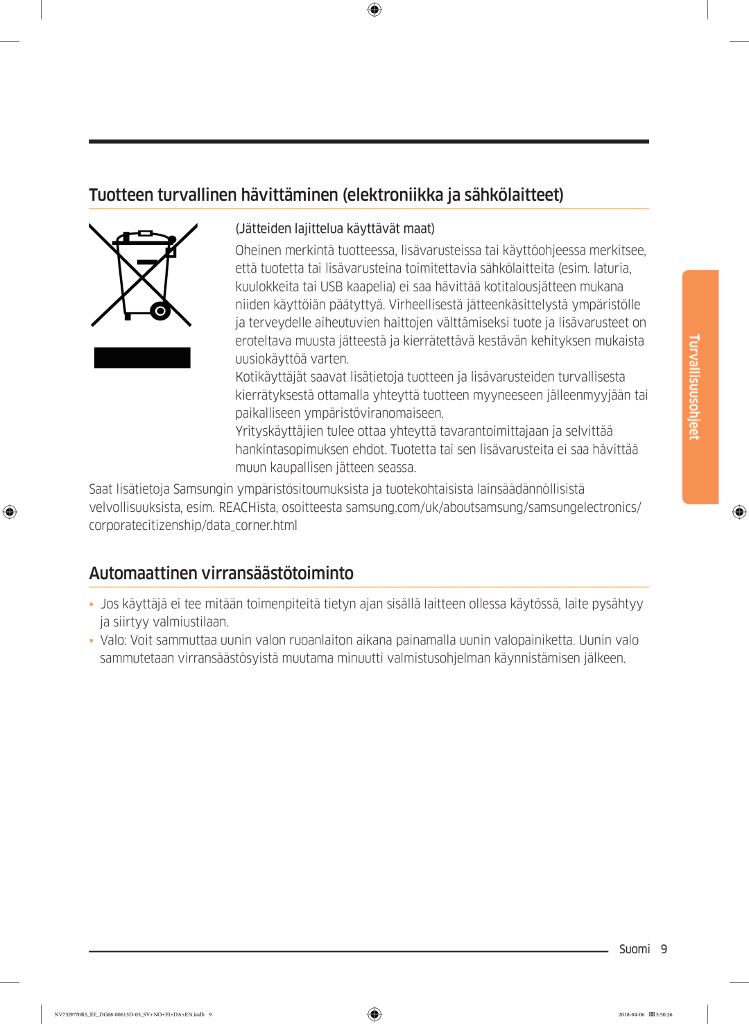 Samsung NV73J9770RS/EE manual Automaattinen virransäästötoiminto 