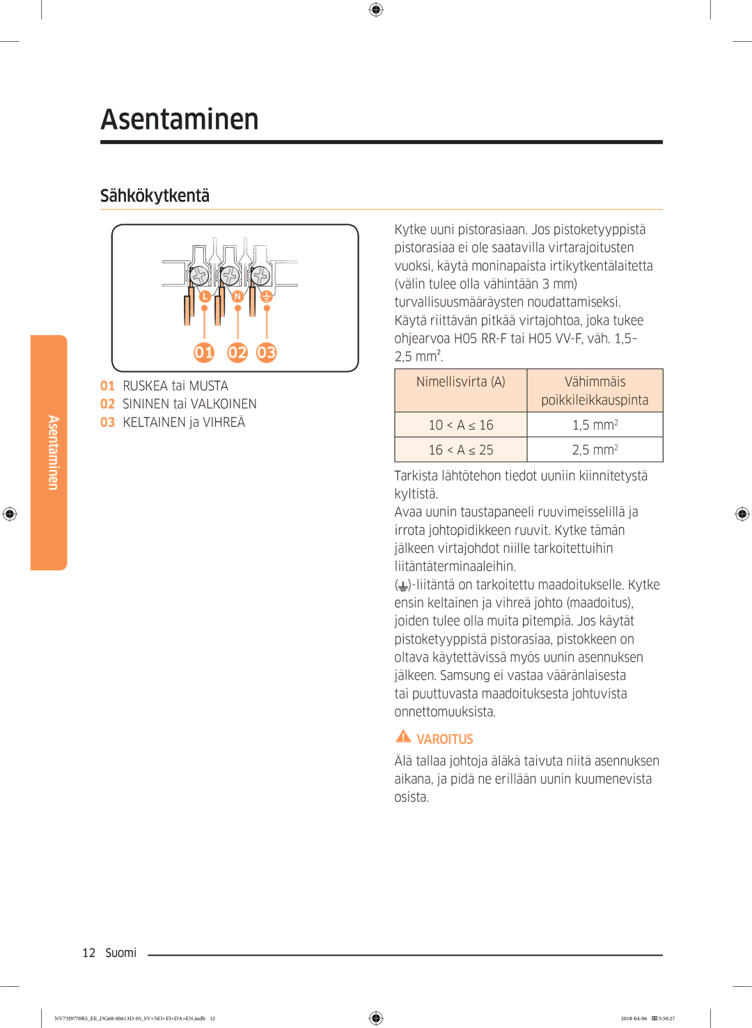 Samsung NV73J9770RS/EE manual Sähkökytkentä 