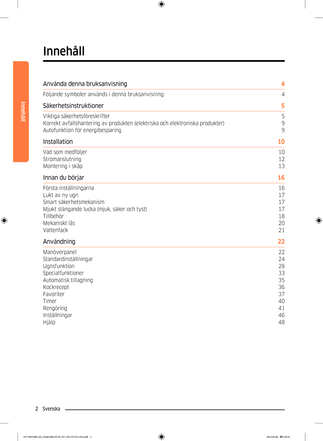 Samsung NV73J9770RS/EE manual Innehåll, Följande symboler används i denna bruksanvisning 