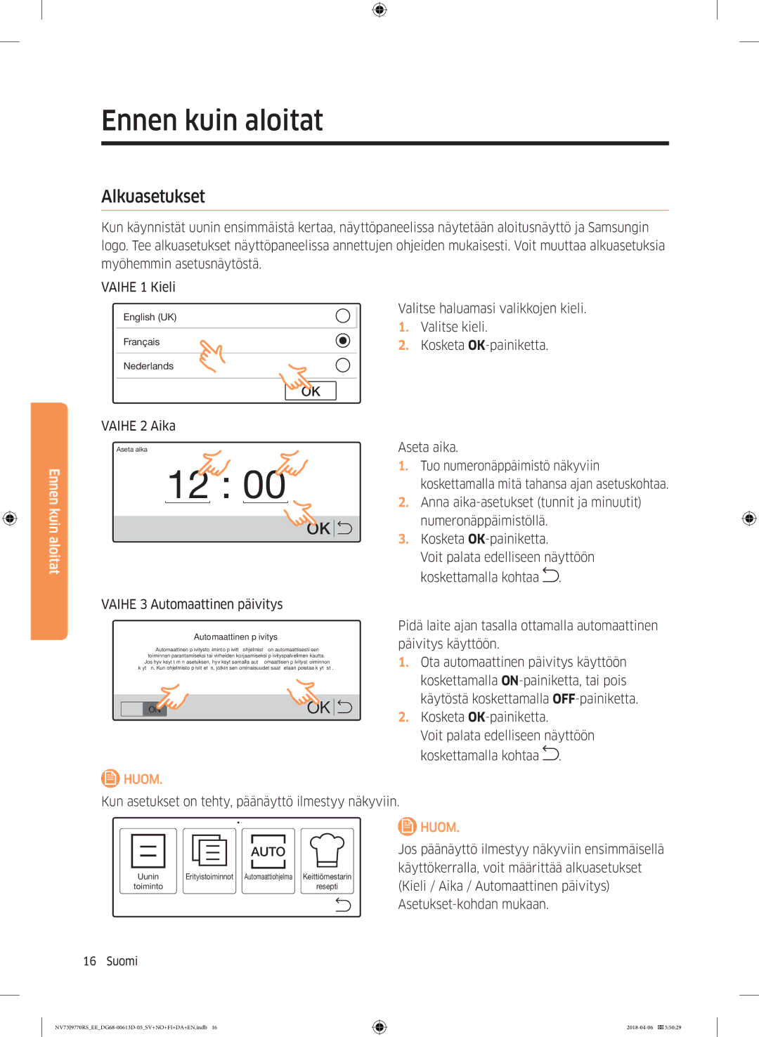 Samsung NV73J9770RS/EE manual Ennen kuin aloitat, Alkuasetukset 