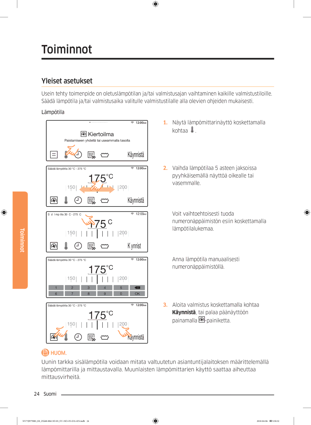 Samsung NV73J9770RS/EE manual Yleiset asetukset, Näytä lämpömittarinäyttö koskettamalla, Kohtaa 