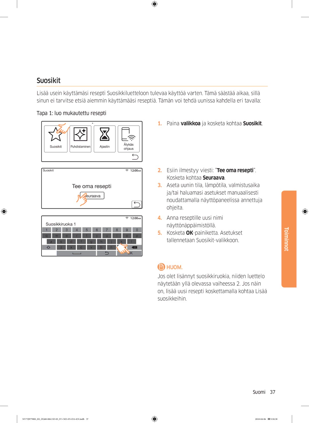 Samsung NV73J9770RS/EE manual Suosikit, Tee oma resepti 