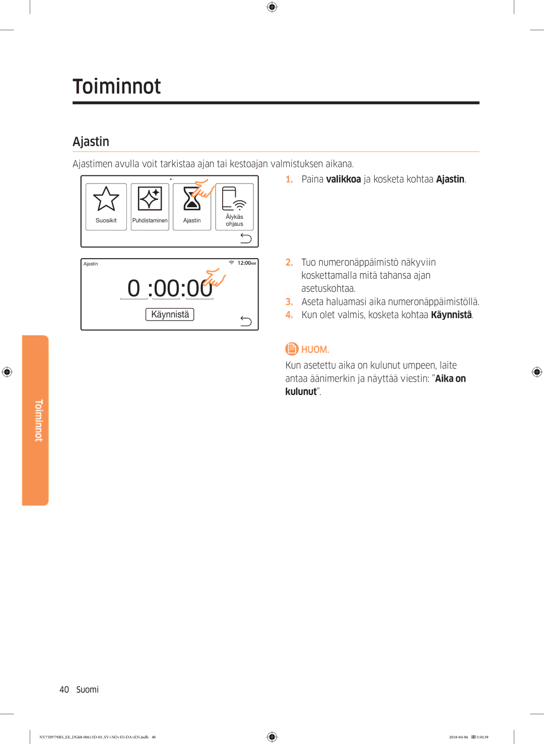 Samsung NV73J9770RS/EE manual Ajastin, Käynnistä 