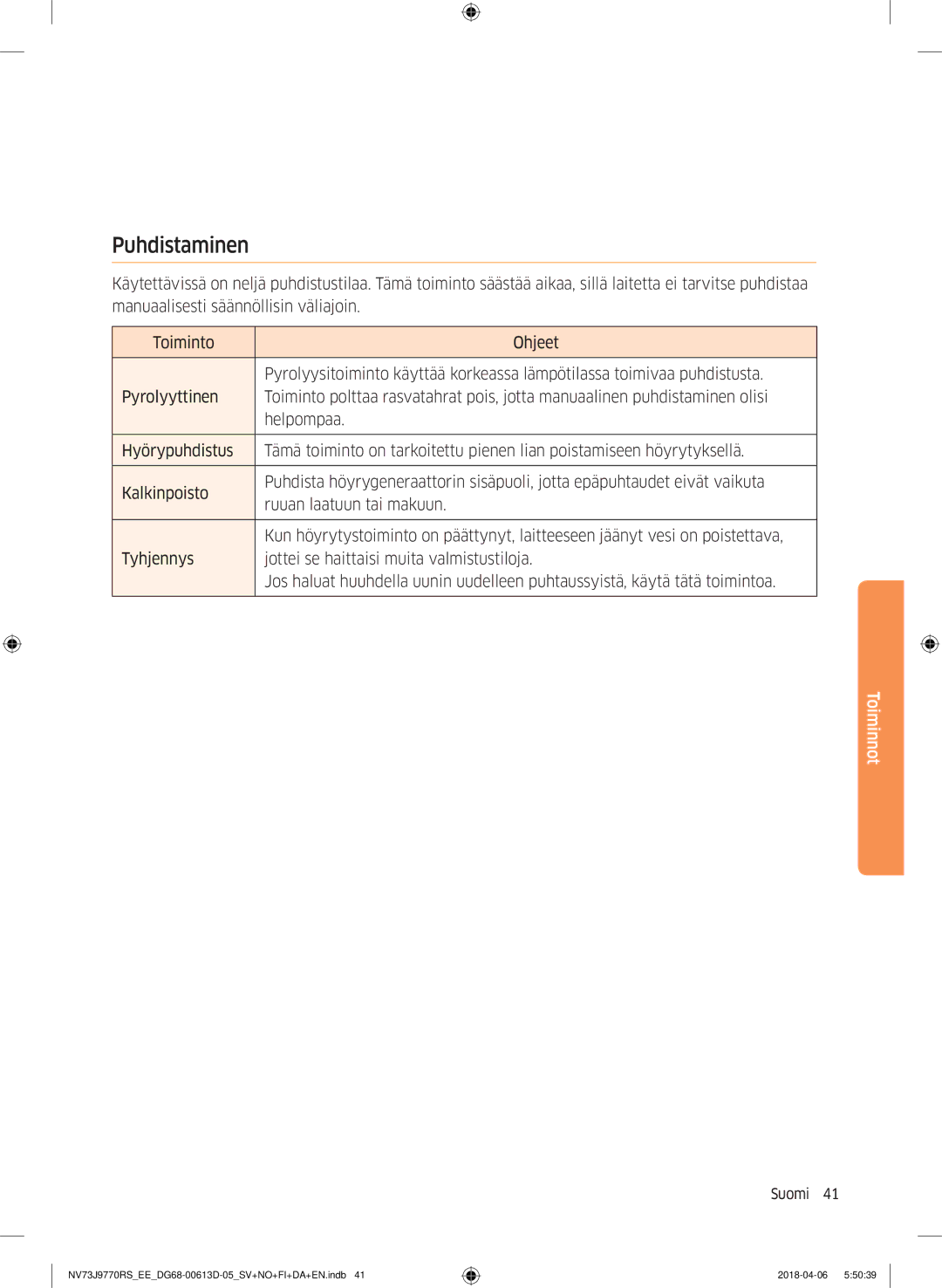 Samsung NV73J9770RS/EE manual Puhdistaminen 