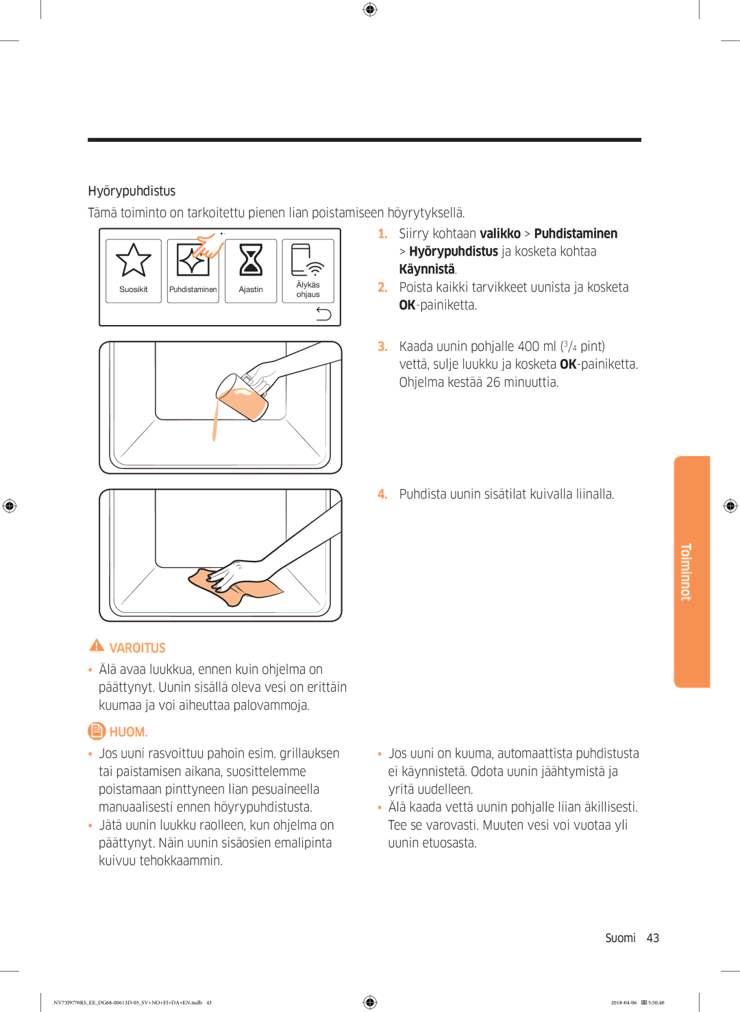 Samsung NV73J9770RS/EE manual Varoitus 