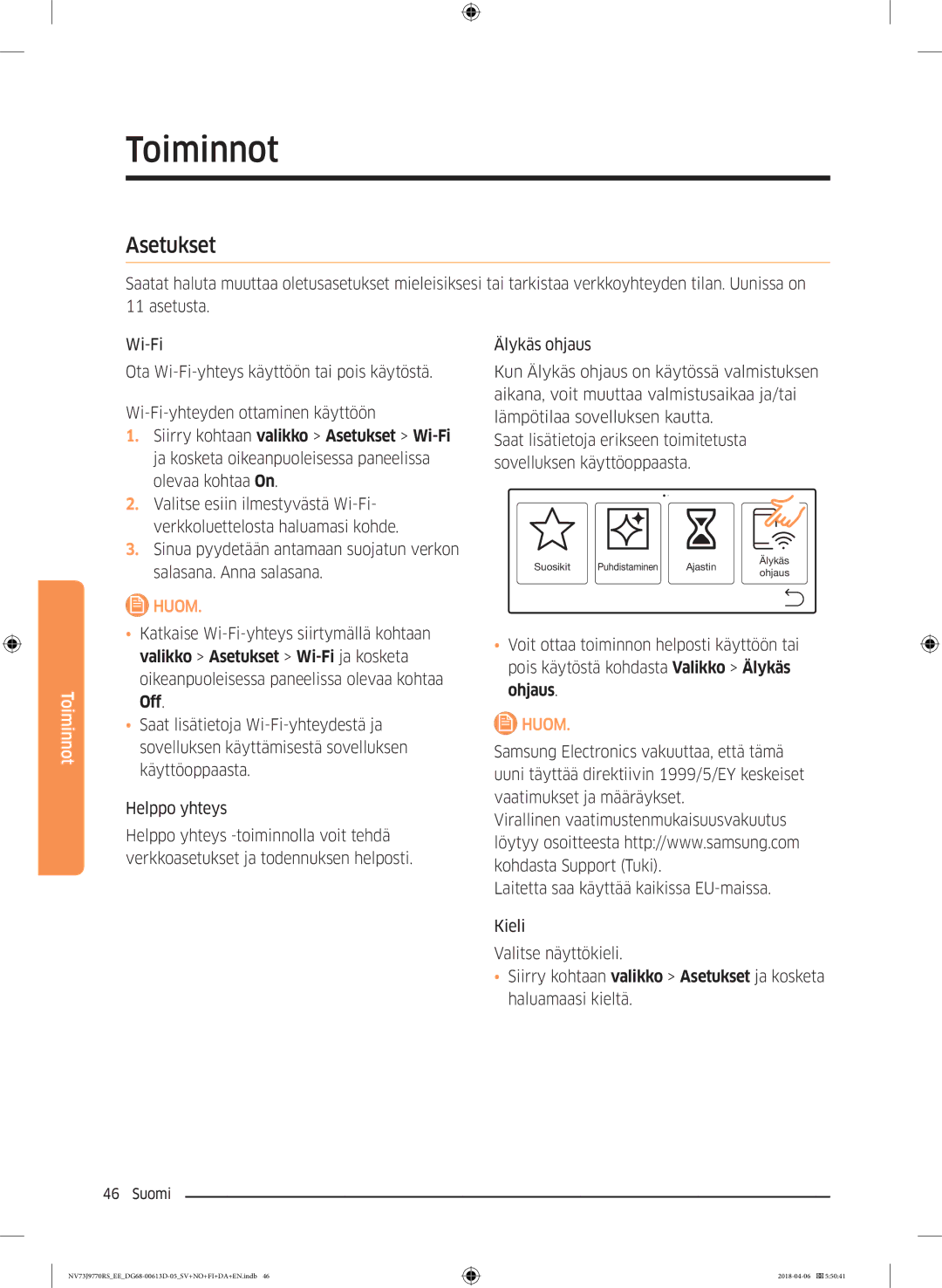 Samsung NV73J9770RS/EE manual Asetukset 