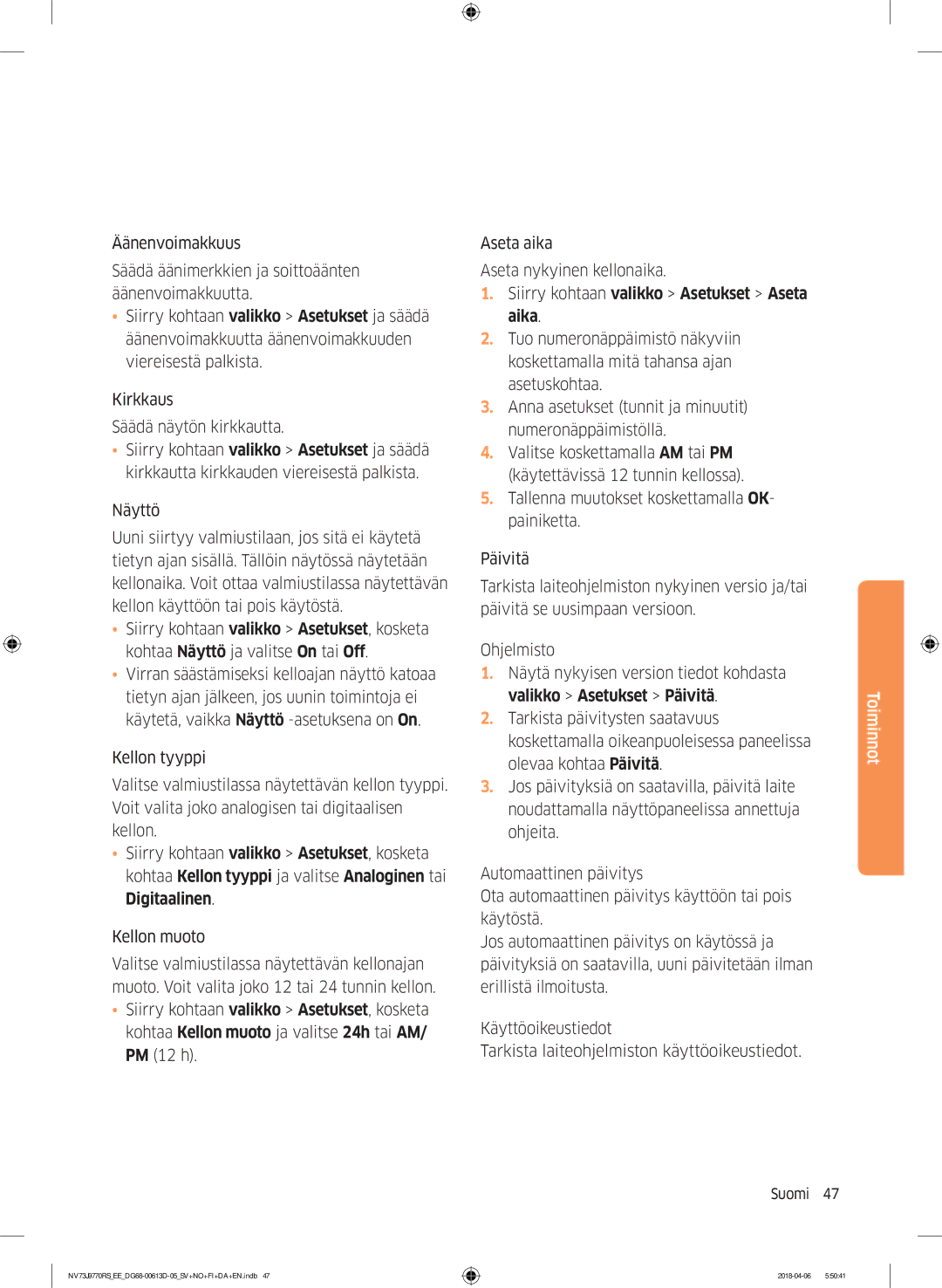 Samsung NV73J9770RS/EE manual Toiminnot 