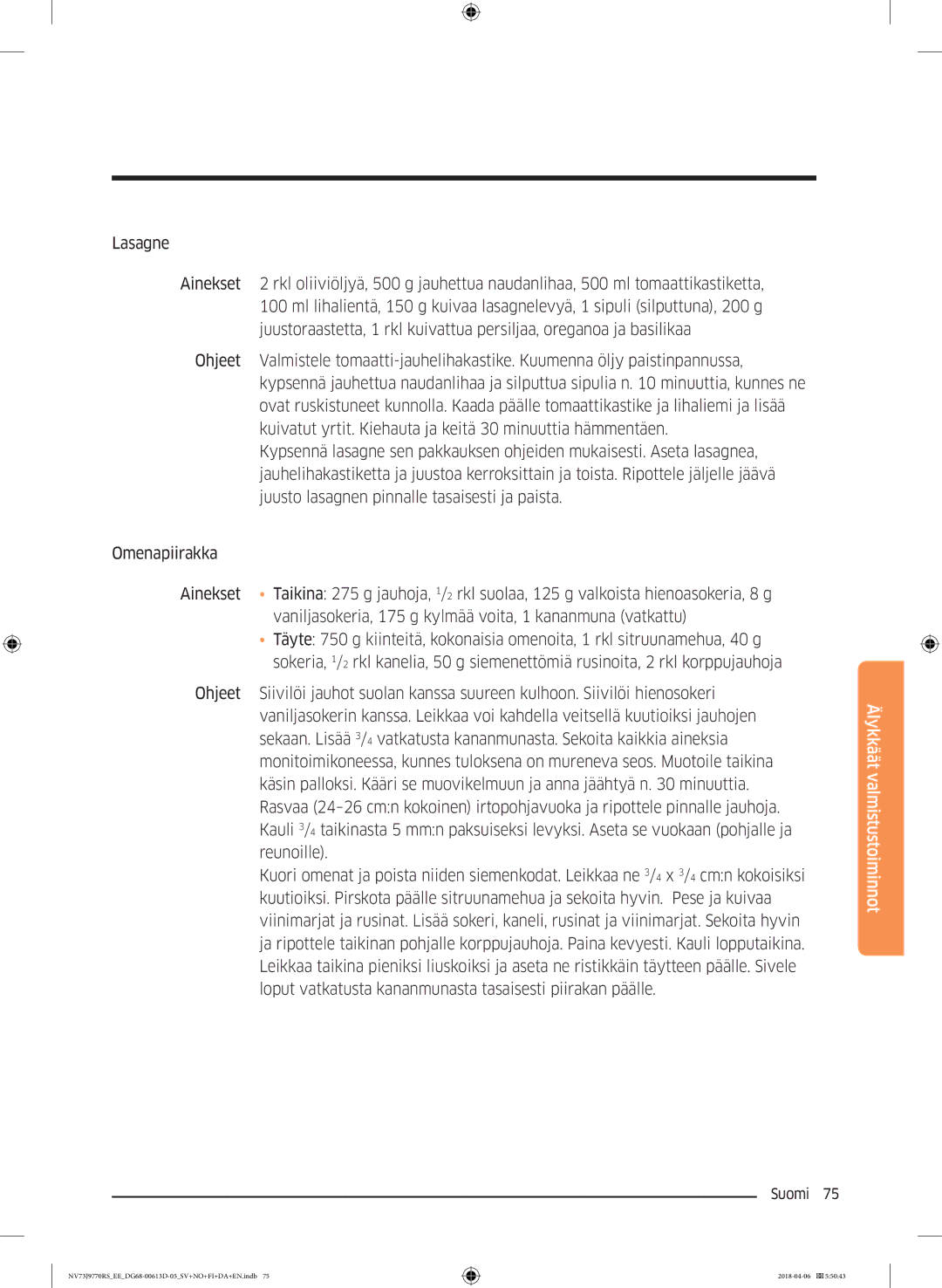 Samsung NV73J9770RS/EE manual Älykkäät valmistustoiminnot 