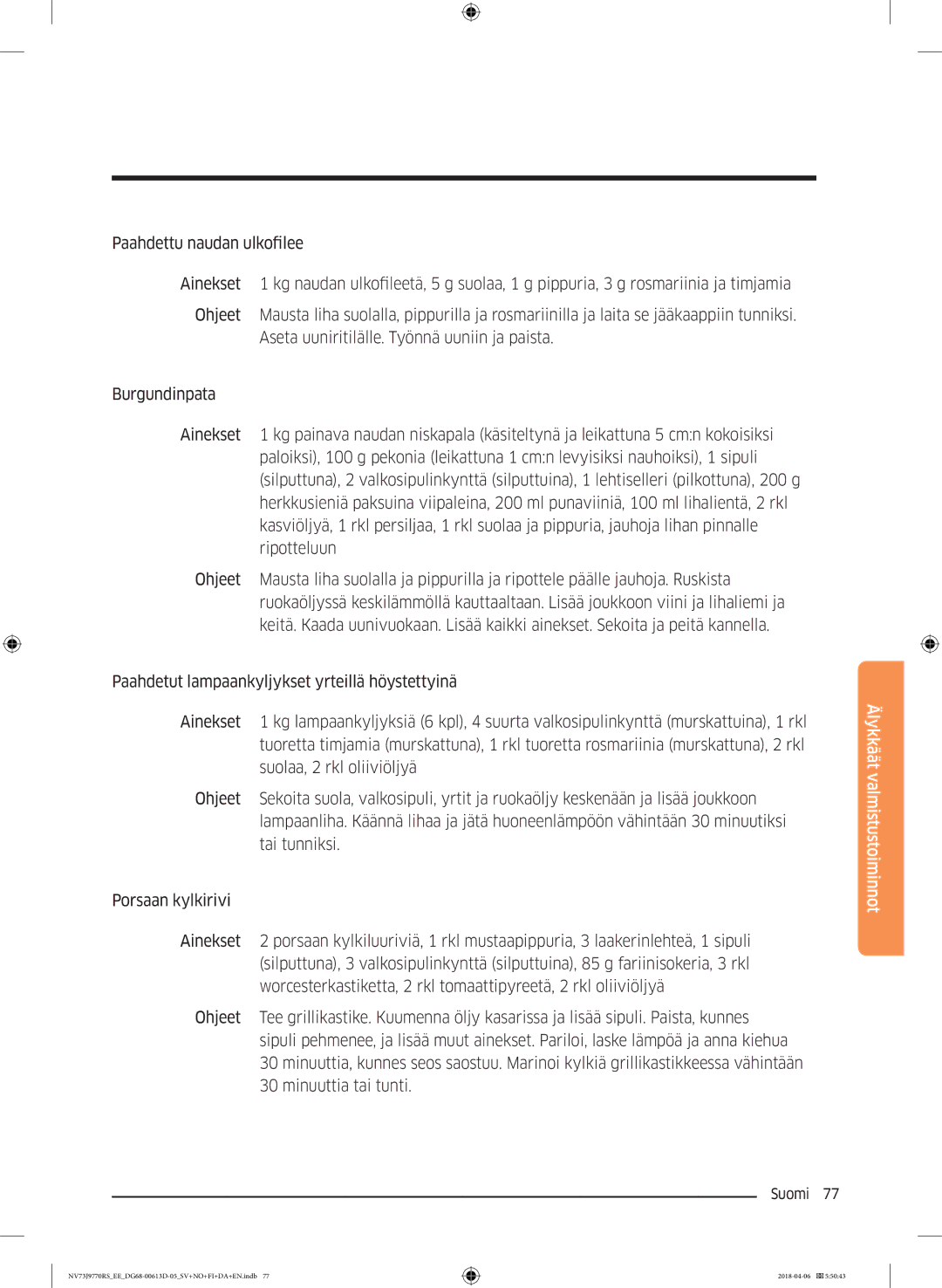 Samsung NV73J9770RS/EE manual Älykkäät valmistustoiminnot 